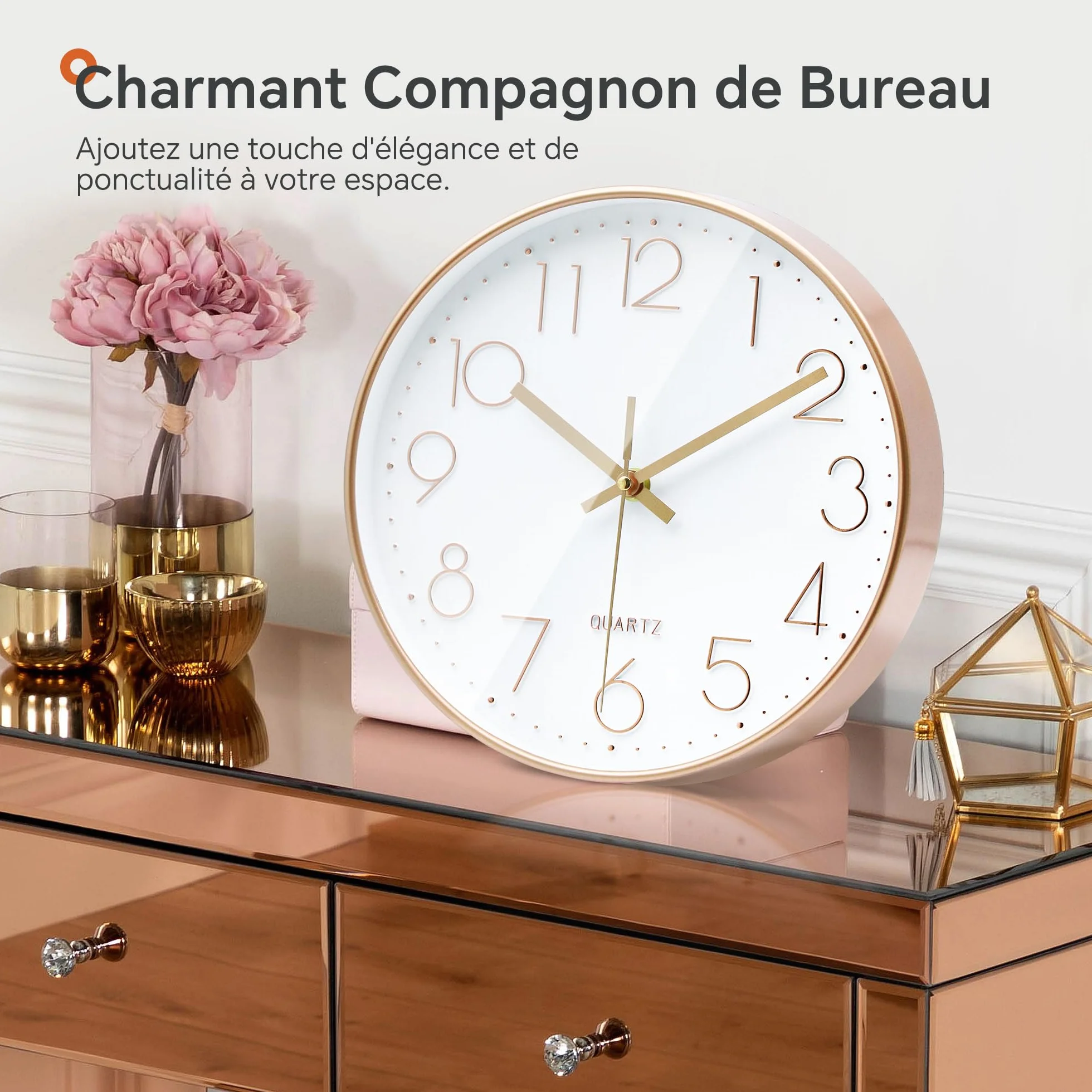 VIKMARI Horloge Murale 20cm Or Rose Verre Silencieuse Pendule Murale Salon Cuisine Chambre