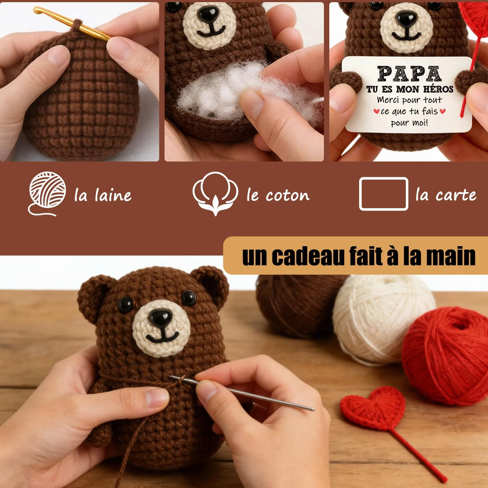 Tixlux Cadeau Papa Ourson Cœur Positif Fait Main Décoration Bureau Maison