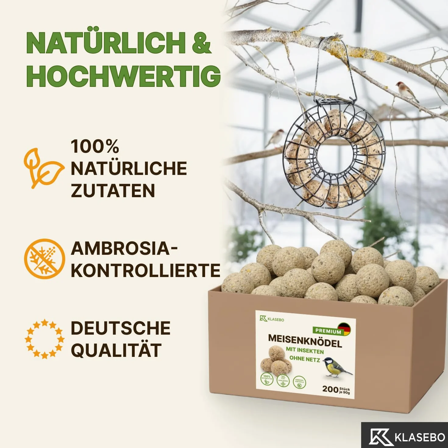 KLASEBO Boules de Graisse Oiseaux avec Insectes, Lot de 200 x 90 g, sans Filet, Nourriture Exterieur