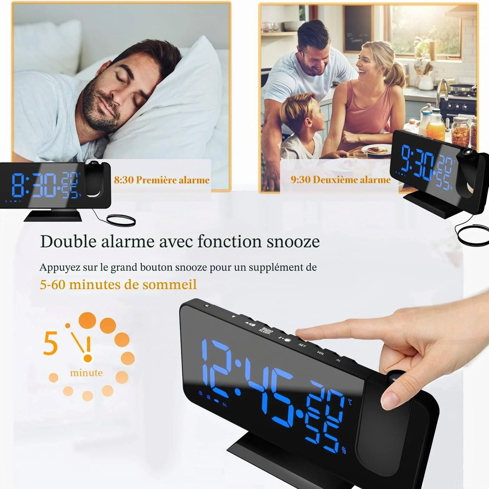Reveil Projecteur Radio avec Horloge Numérique et Port USB, 3 Niveaux de Luminosité, 15 Volumes, 12/24h