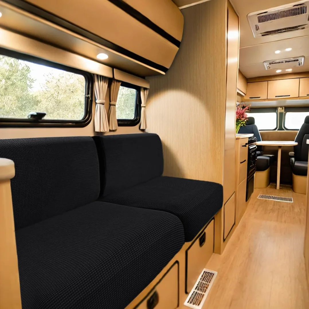 SYLC Housse De Coussin De Siège De Caravane Jacquard Banquette Camping Car 2 Courroies Canapé Extensible Noir 90-130 60-90 cm