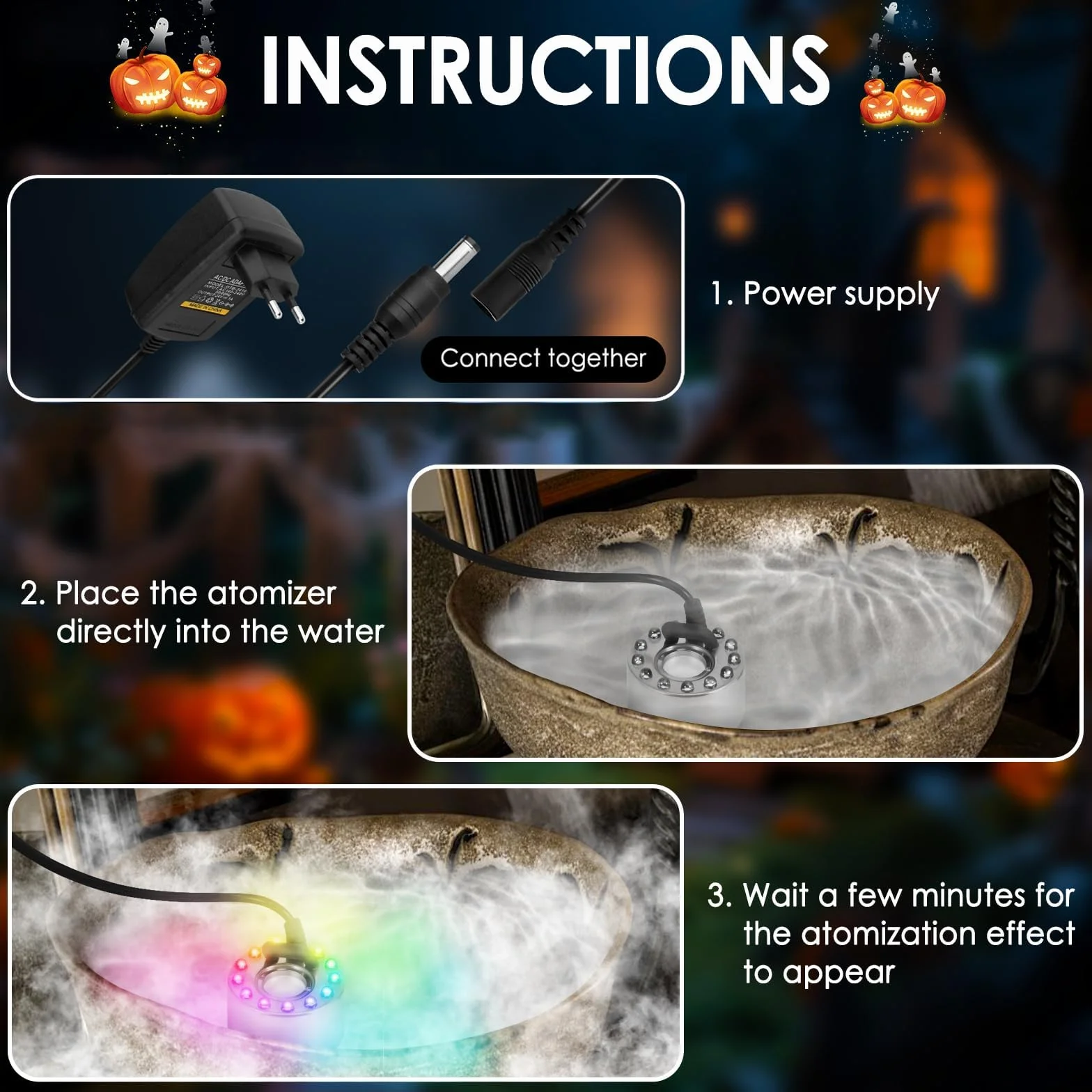 Brumisateur à Ultrasons 12 LED Lumières Colorées 24V Fontaine d'eau Brouillard Machine pour Réservoir Poissons Rocaille