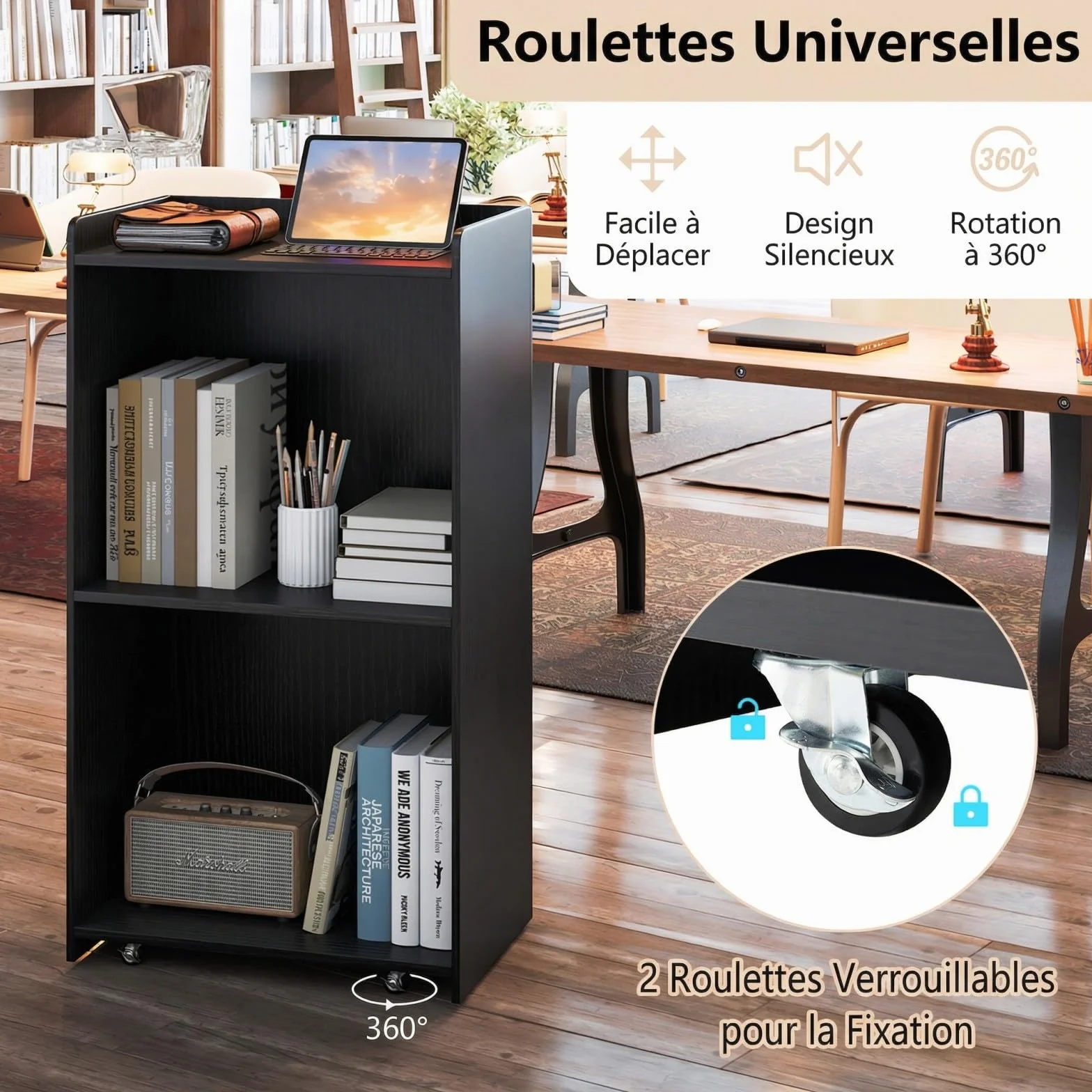 GYMAX Pupitre Mobile avec Roulettes Verrouillables, Table Haute, 57 x 37 x 105 cm, Noir