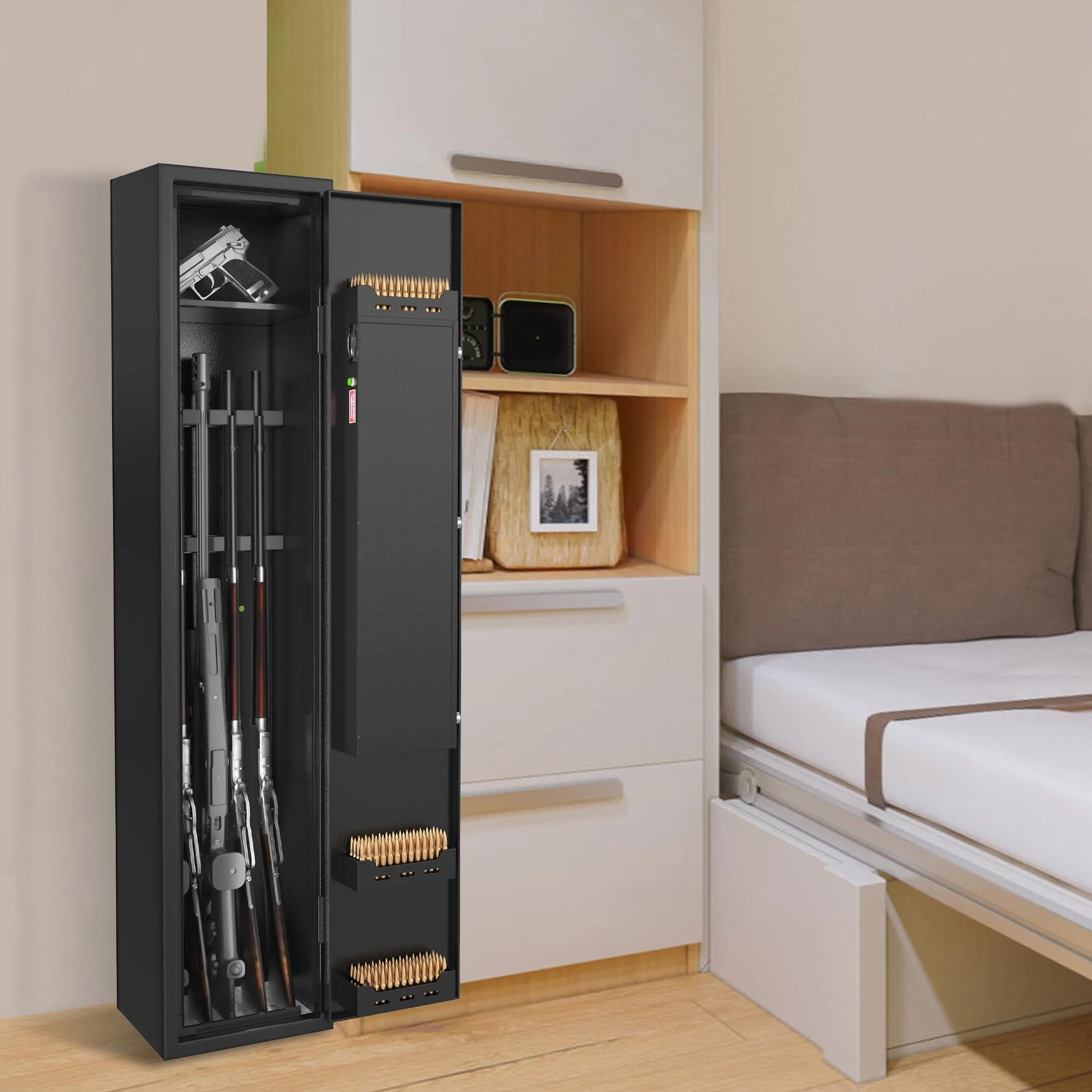 NAIZY Armoire à armes 30 x 28 x 138 cm avec serrure à combinaison tactile et serrure à empreintes digitales et clé - Armoire à armes longues - Armoire à munitions - Pour 3 à 5 fusils