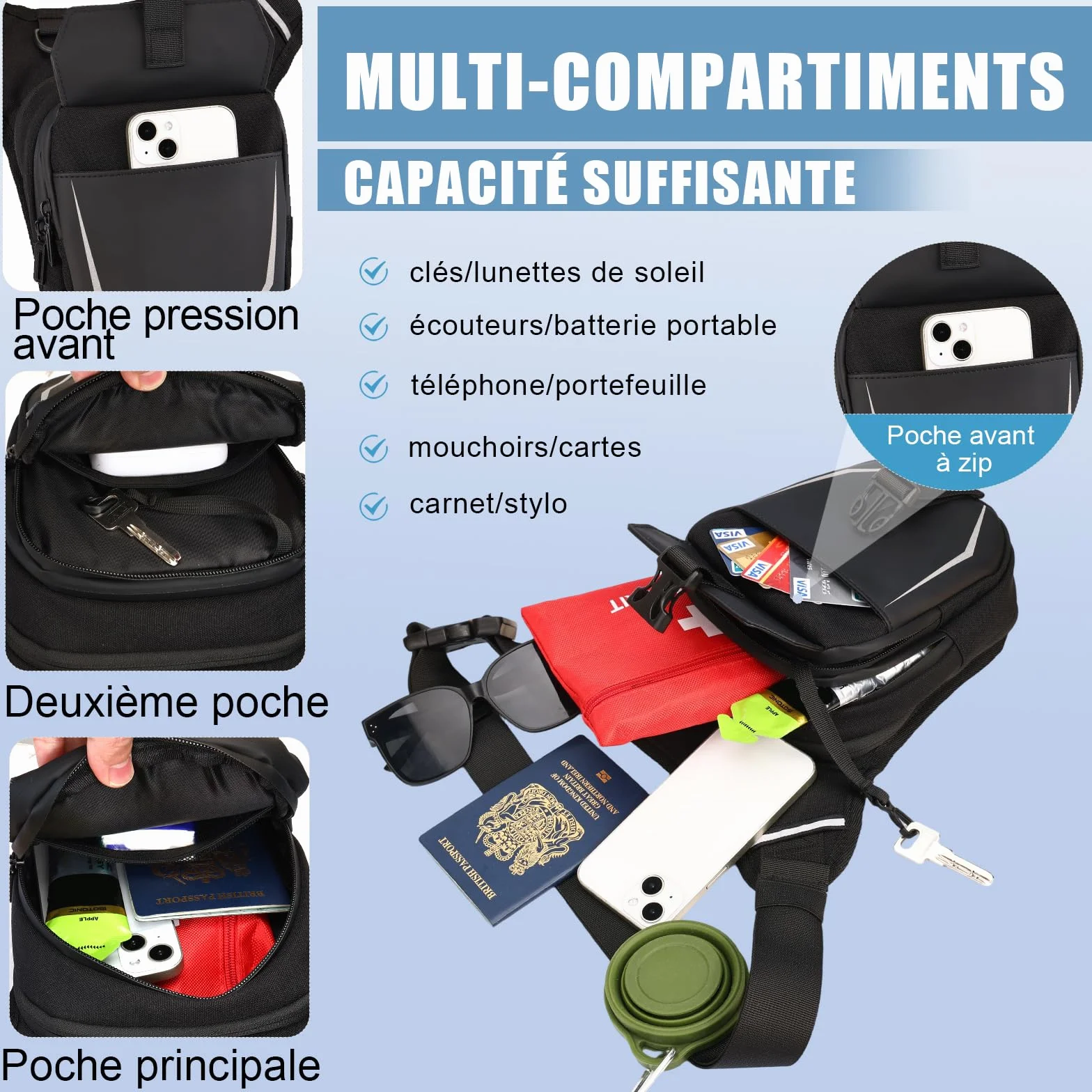 Eshow Sacoche de Jambe Moto Capacité Extensible,Sac Banane Homme Femme Bande Réfléchissante, Ceinture Réglable, 4 Mousquetons Randonnée Outdoor