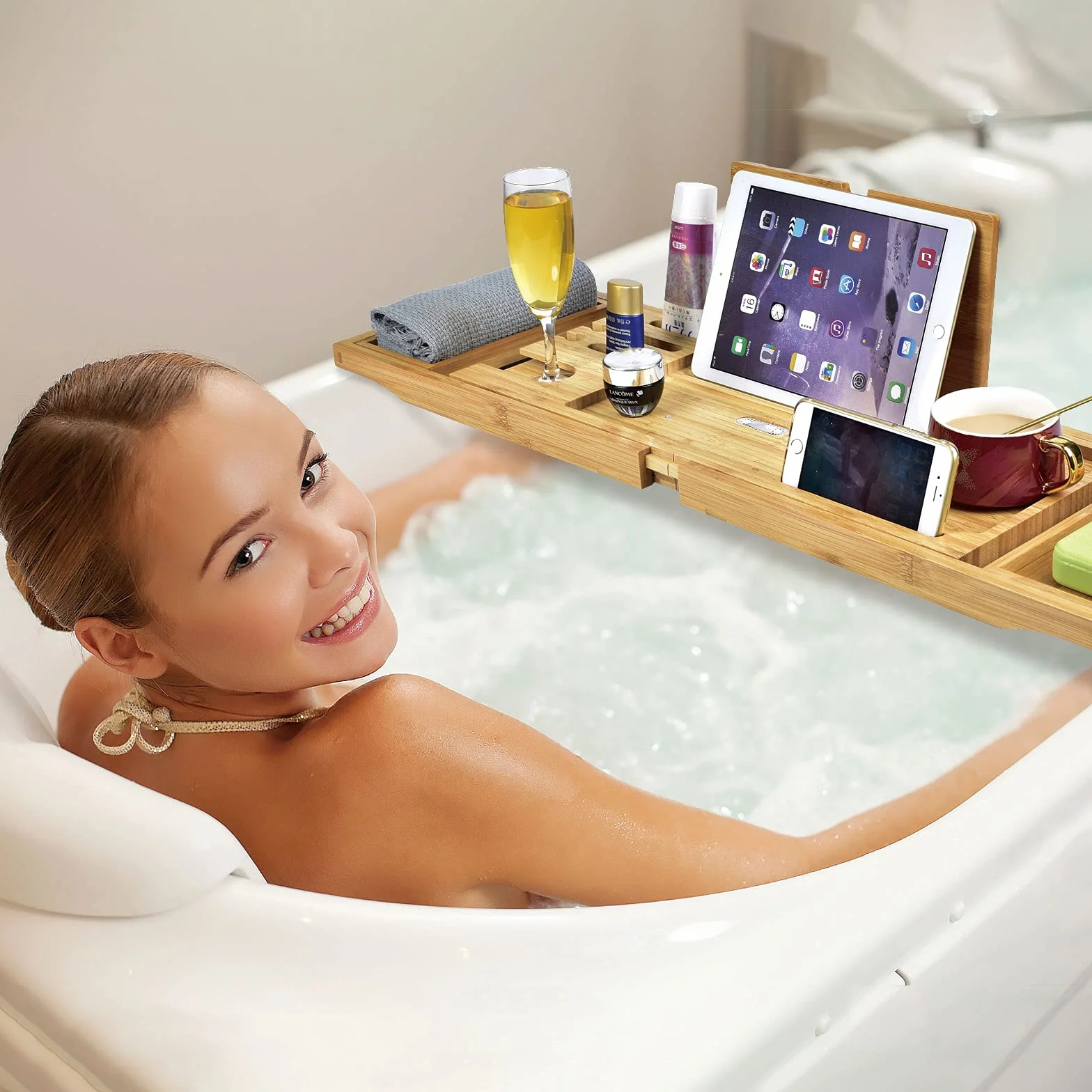 Plateau de Baignoire Bambou Pliable Pont Tablette avec Support Verre Vin iPad 75-105 x 23 x 3 cm