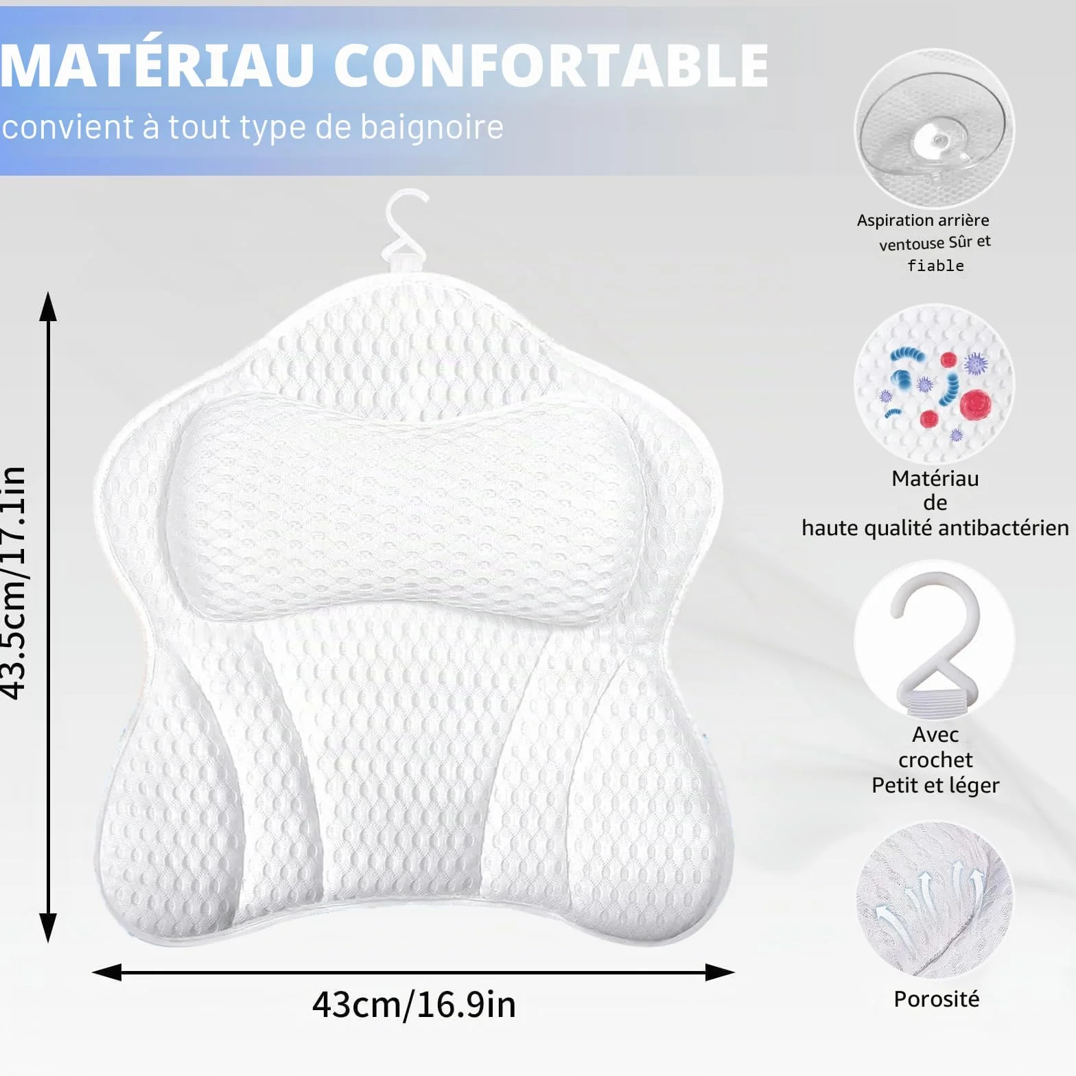 Oreiller de Bain Ergonomique 4D avec Ventouses Antidérapantes, Coussin de Baignoire Amovible, Repose-Tête, Accessoires de Bain Spa Blanc
