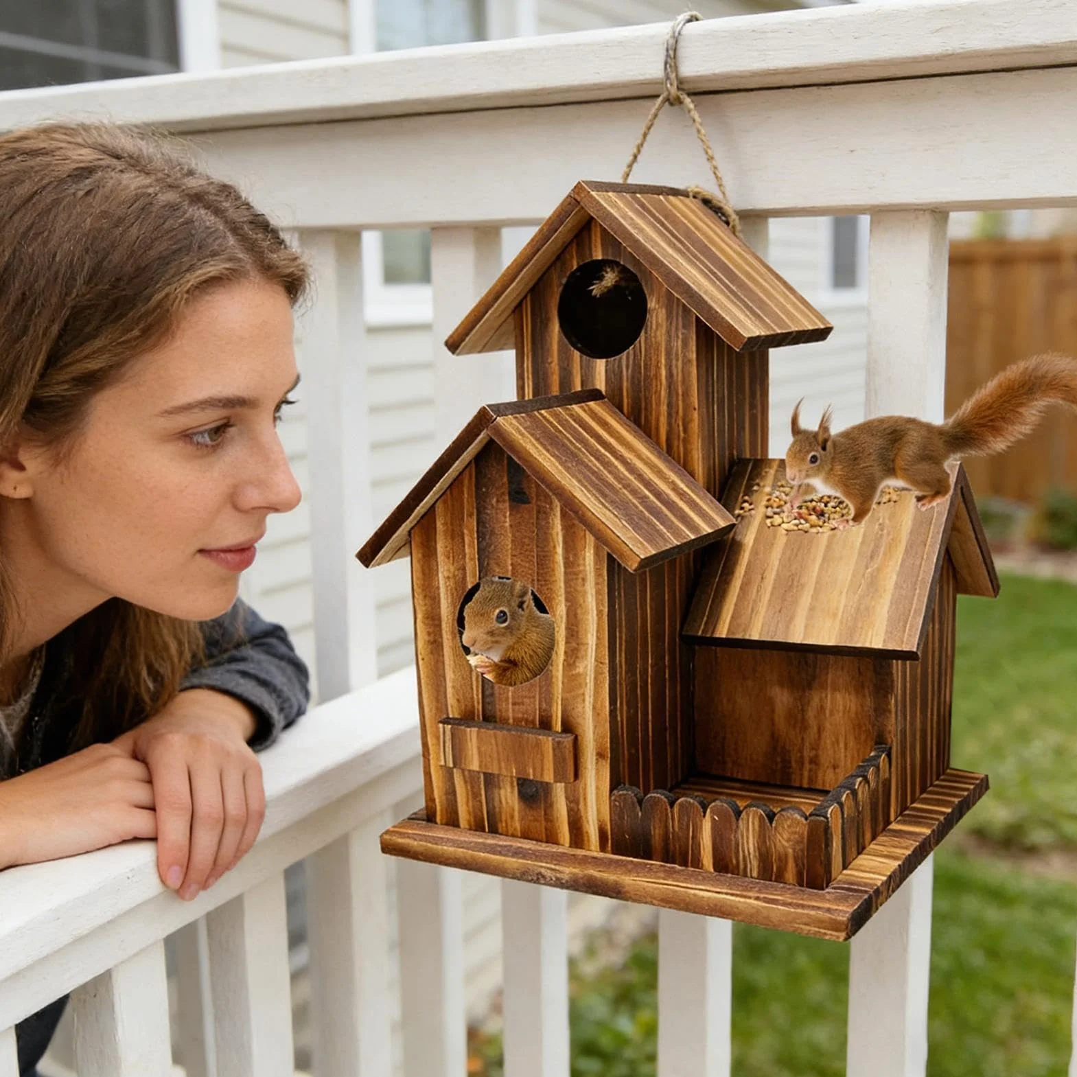 Mangeoire à Écureuil en Bois avec Trois Compartiments et Toit Flexible pour Jardin