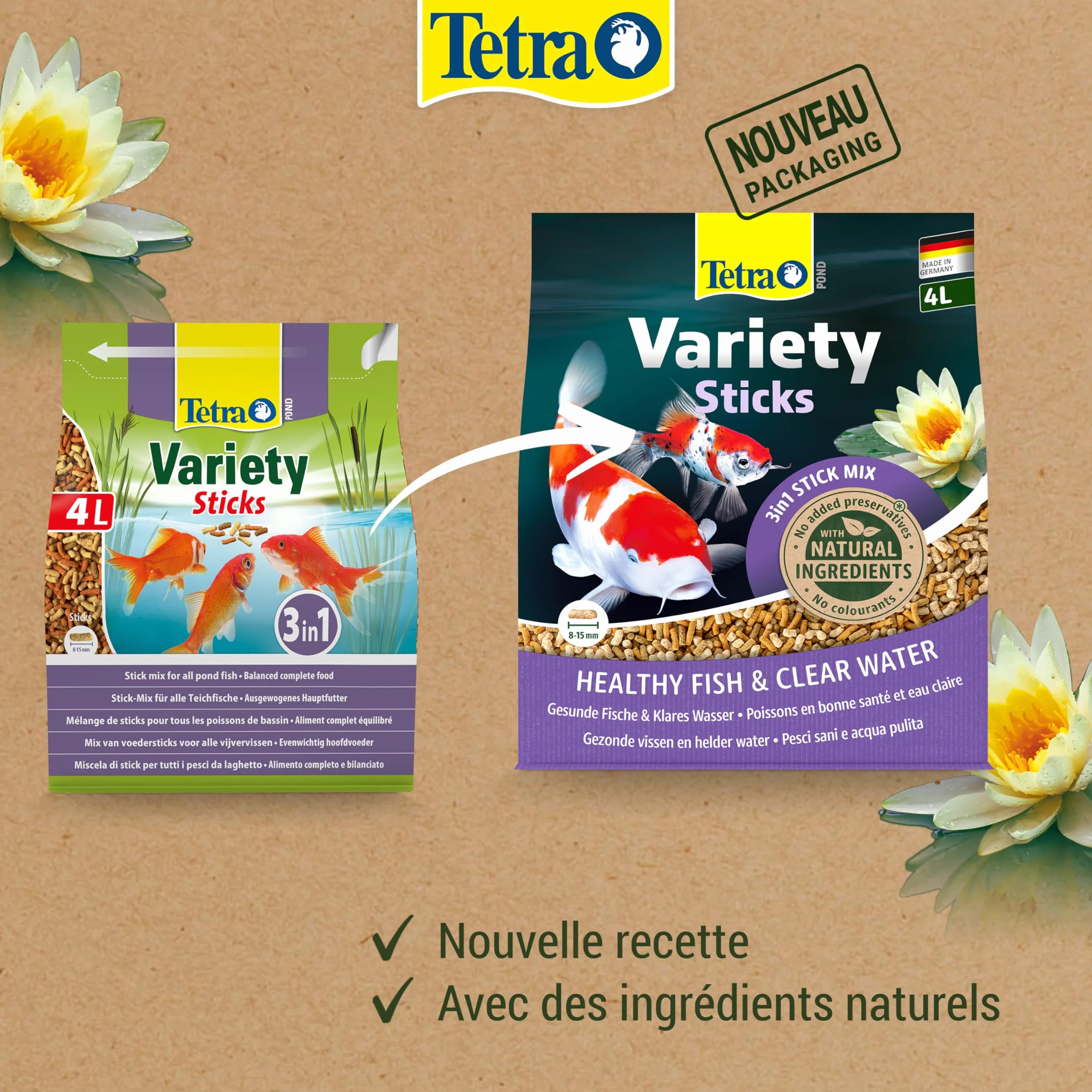 Tetra Pond Variety Sticks 4 L Aliments en Stick pour Poissons de Bassin Enrichis en Oligo-éléments Vitamines Caroténoïdes