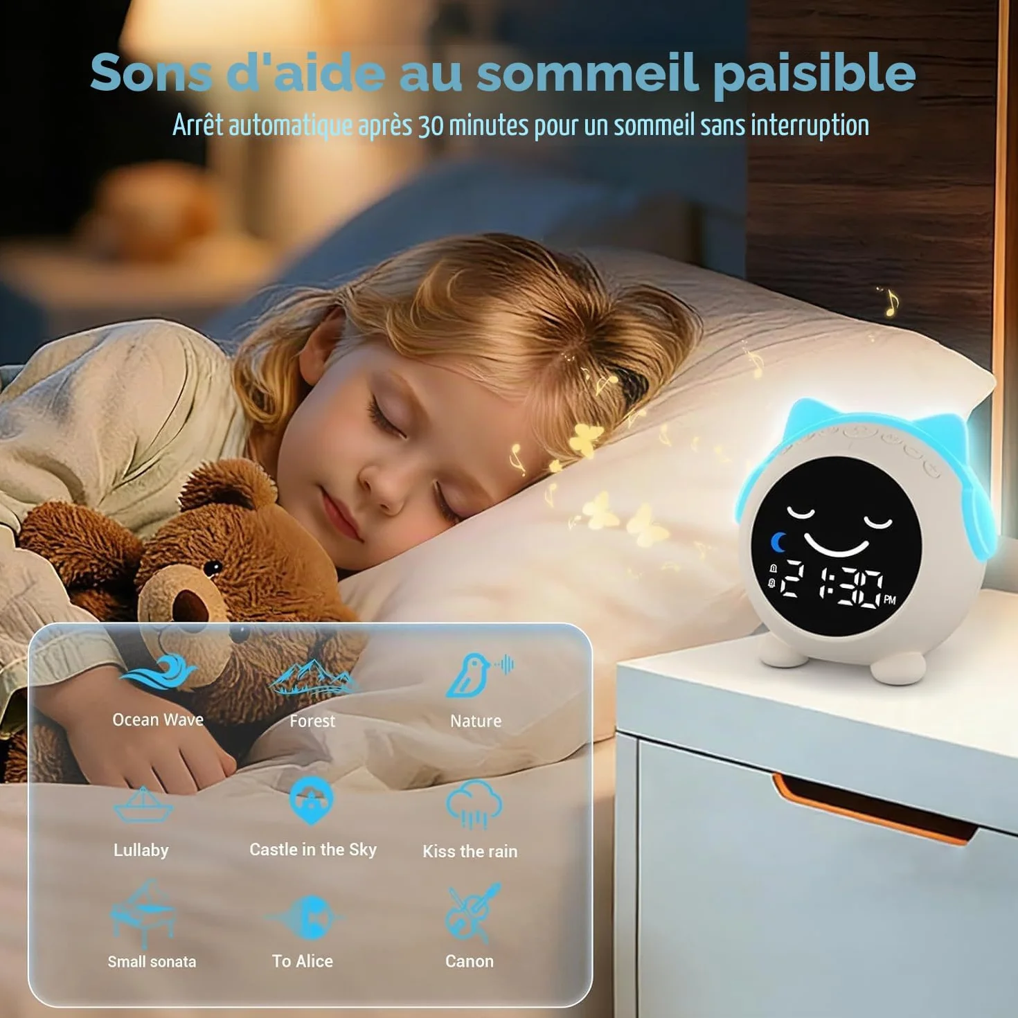 Réveil Enfant Chat Éducatif Jour/Nuit avec Veilleuse Sons Apaisants 2 Alarmes Mode Week-End Rechargeable