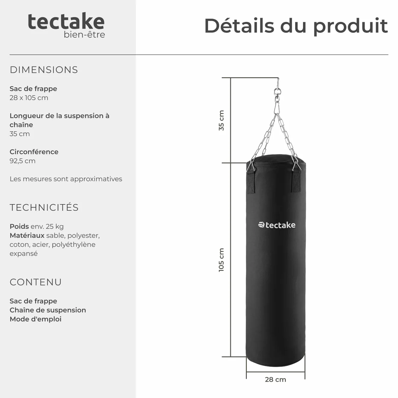 tectake® Sac de Frappe 25 Kg, Sac de Boxe avec chaîne de Suspension, 28 x 105 cm, Sac de Frappe Adulte, Punching Ball, Boxing, MMA, Muay Thai, Taekwondo, Kick Boxing, Sports de Combat, Home Gym, Noir