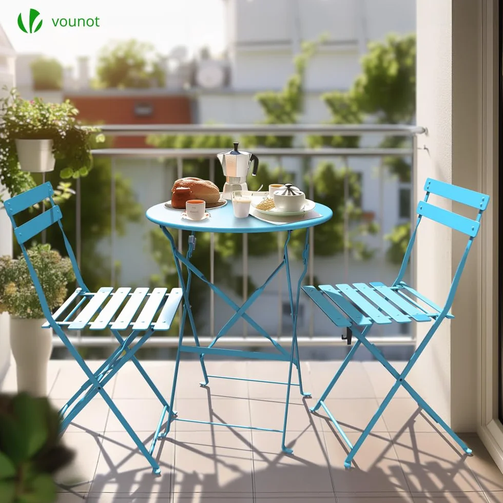 vounot® Set de Bistro 3 pièces Table et 2 Chaises Pliantes en Acier pour Extérieur Bleu