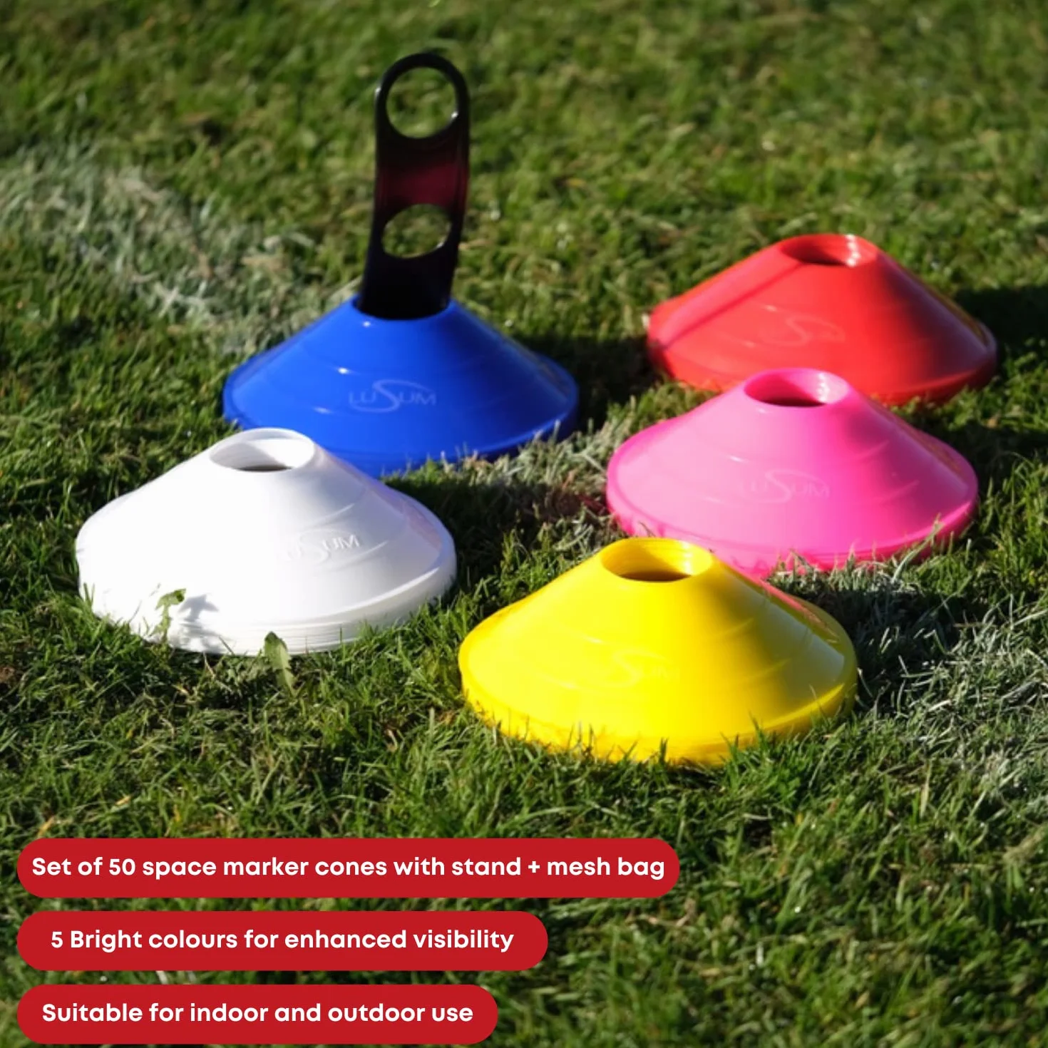 Lusum Lot de 50 coupelles de sport pour le balisage avec support et sac
