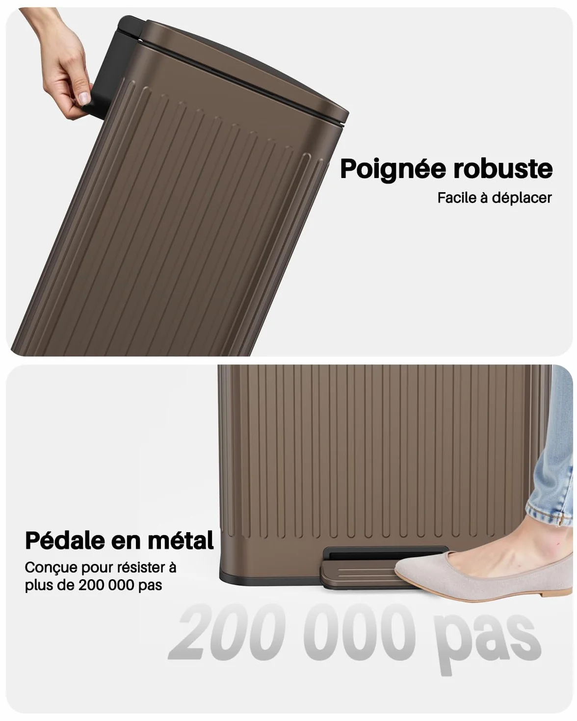 lovewind Poubelle 60L Inox Brun à Pédales, Couvercle Silencieux, Seau Intérieur avec Poignées