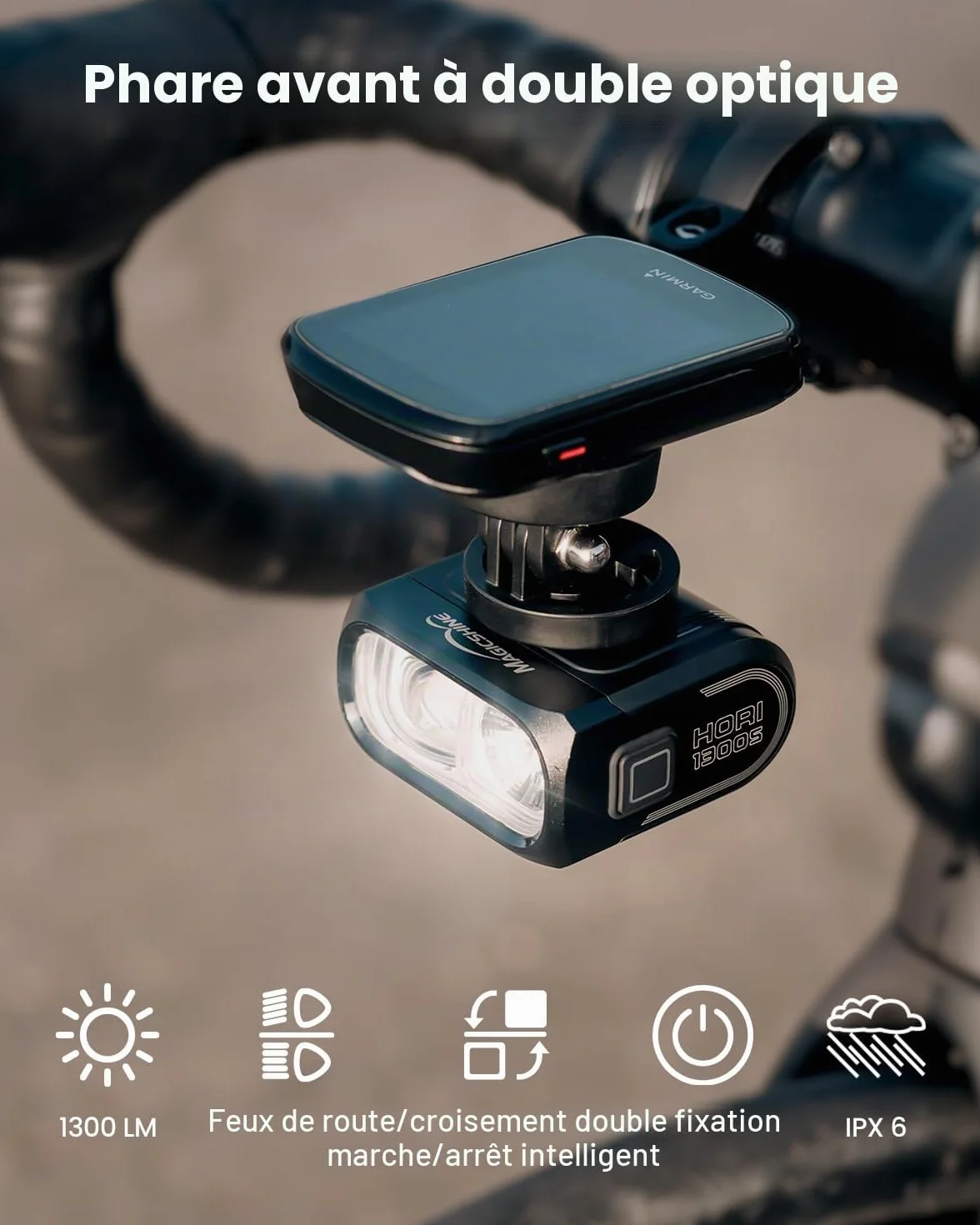 Magicshine Éclairage vélo HORI1300S et SEEMEE150 MAG Avant et arrière, Commande Tactile FTR LightSync, éclairage Avant 1300 LM et éclairage arrière magnétique 150 LM, Rechargeable par USB-C