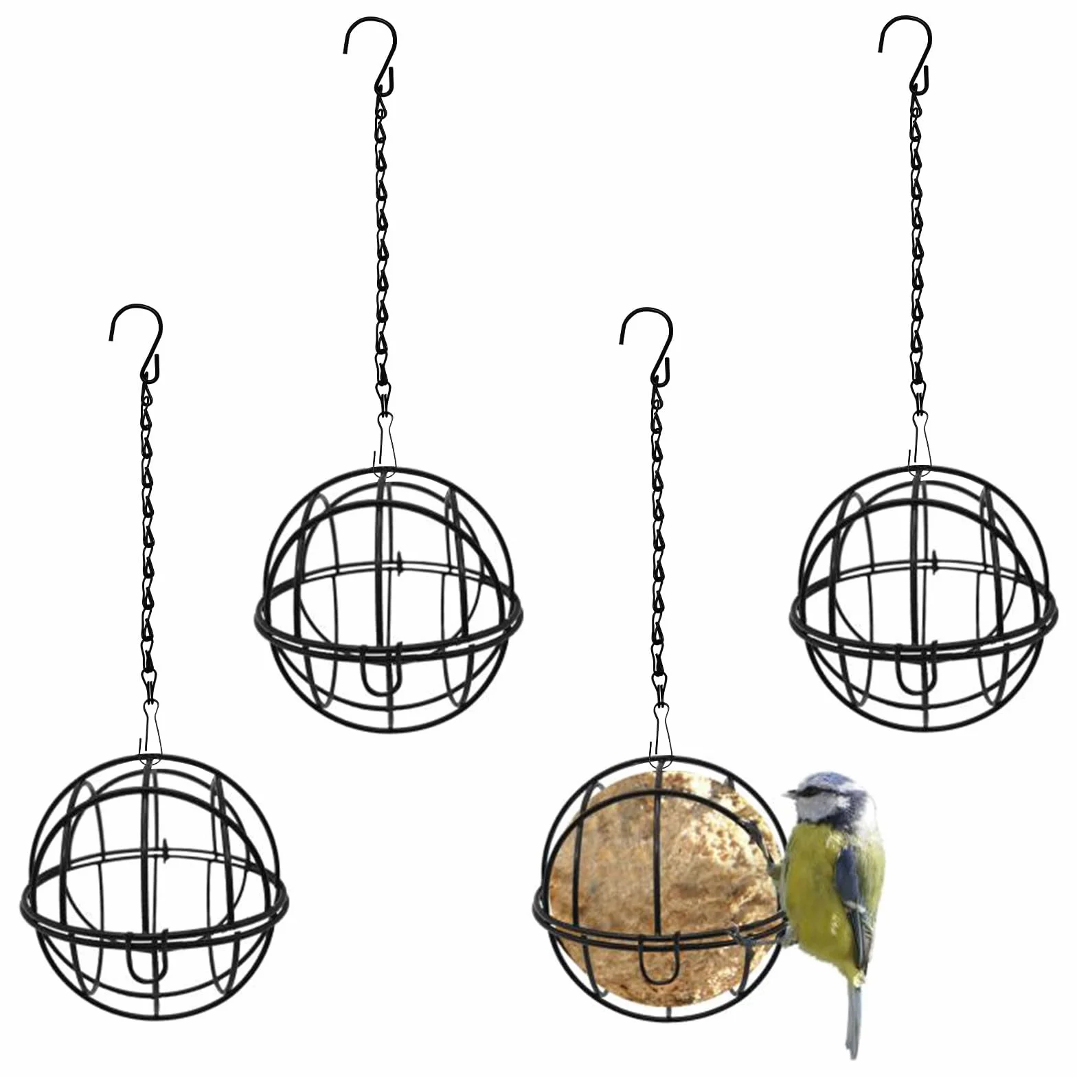 Mangeoires à boules de graisse pour oiseaux en métal anti-écureuils 4 pièces avec crochets S extérieur