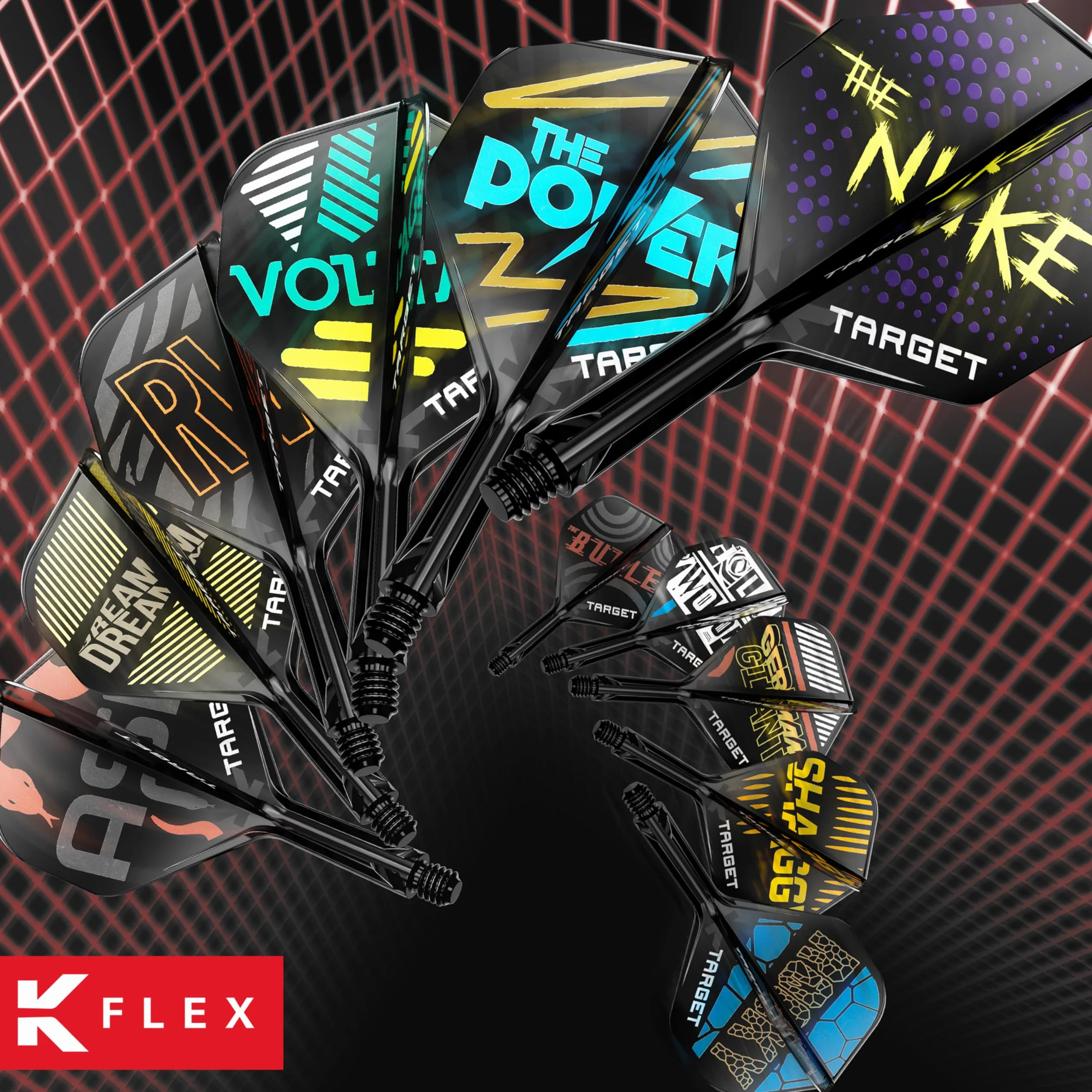 Target Darts Luke Littler Ailettes et Système d'arbre, No.2/No.6 | Pack de 3 Ailettes Kflex All in One, The Nuke Player Edition Accessoires de Fléchettes | Fléchettes K-Flex Court/Intermédiaire/Moyen