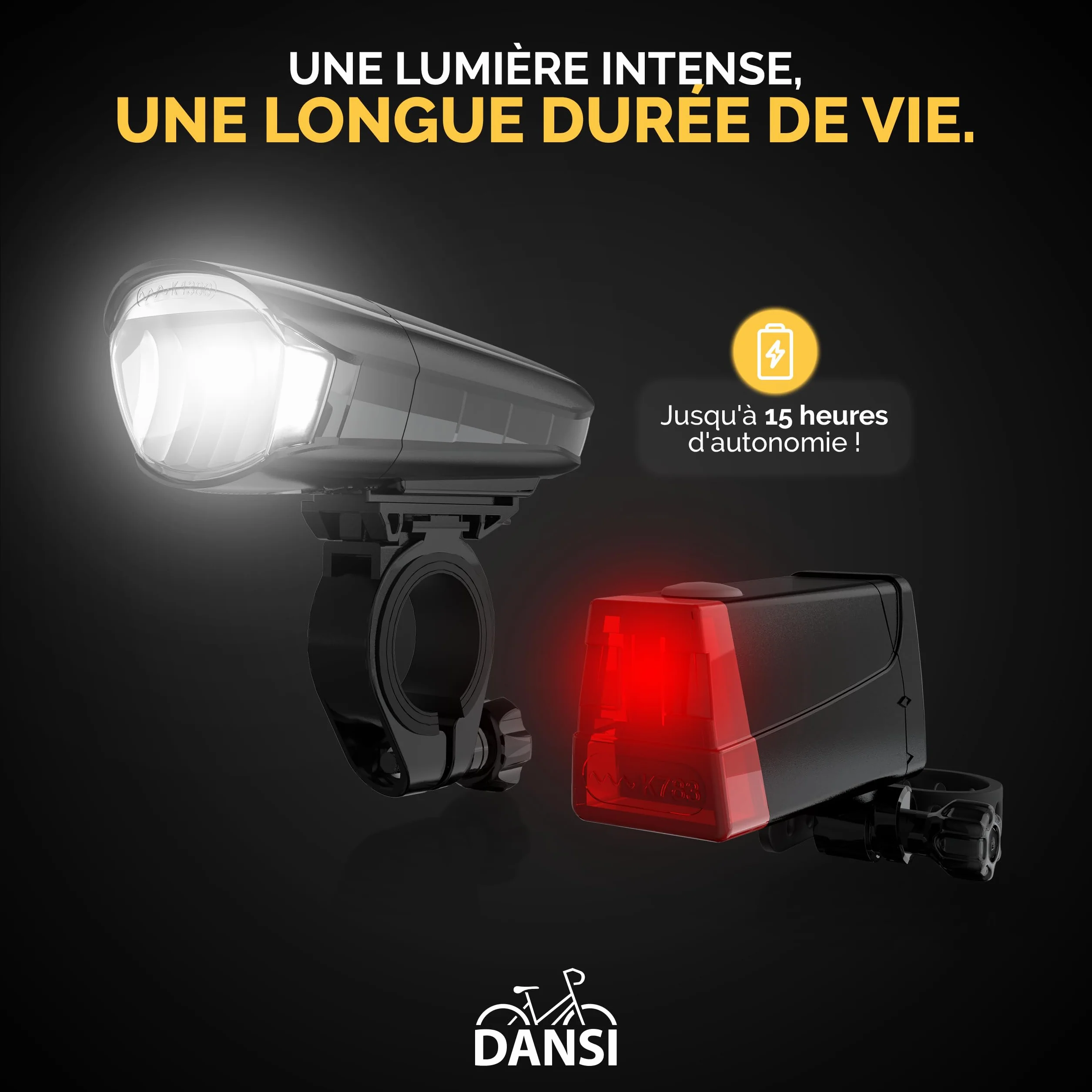 DANSI LED Light Set - Eclairage de vélo homologué StVZO avec 60, 30 & 15 Lux | Eclairage de vélo LED Avant+arrière |Ajustement Automatique de l'éclairage & Montage sans Outil| Résistant à la Pluie