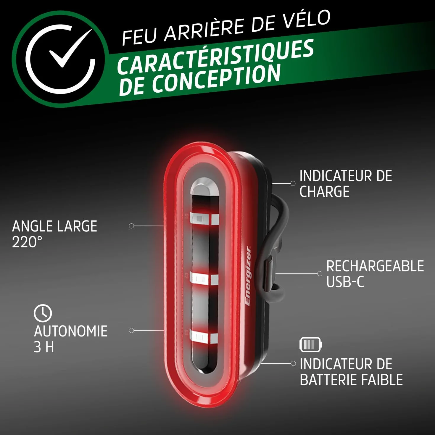Energizer - Ensemble de Feux de vélo Avant et arrière Rechargeables 100 lumens, Feux USB, LED imperméables Avant et arrière pour pour la Conduite Nocturne.
