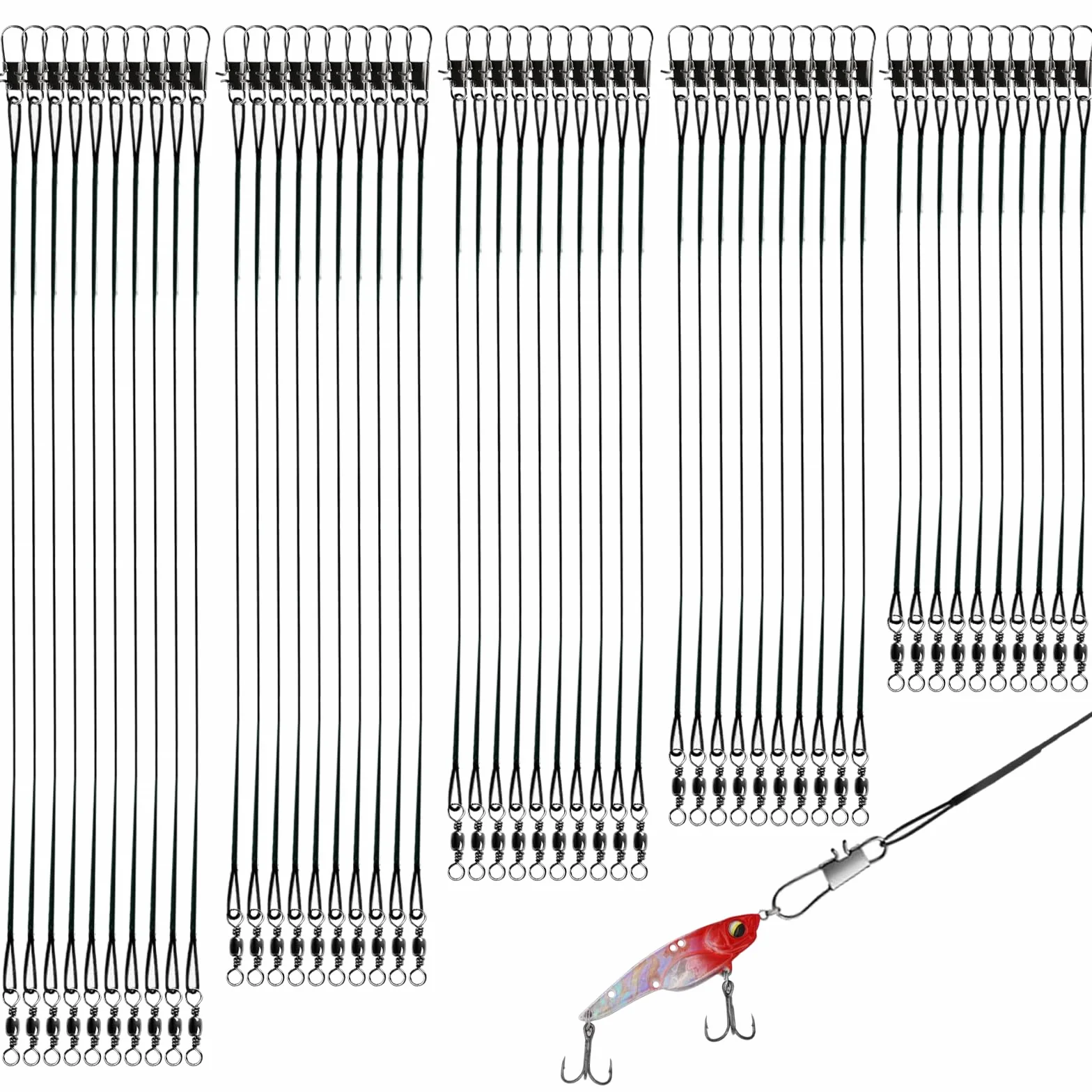 CATELL 100 Pièces Bas de Ligne de Pêche, 5 Tailles Bas de Ligne en Acier Inoxydable avec Émerillon et Mousquetons Bass de Ligne Carnassier pour la Pêche Toutes Sortes de Poissons(10/15/20/25/30 cm)