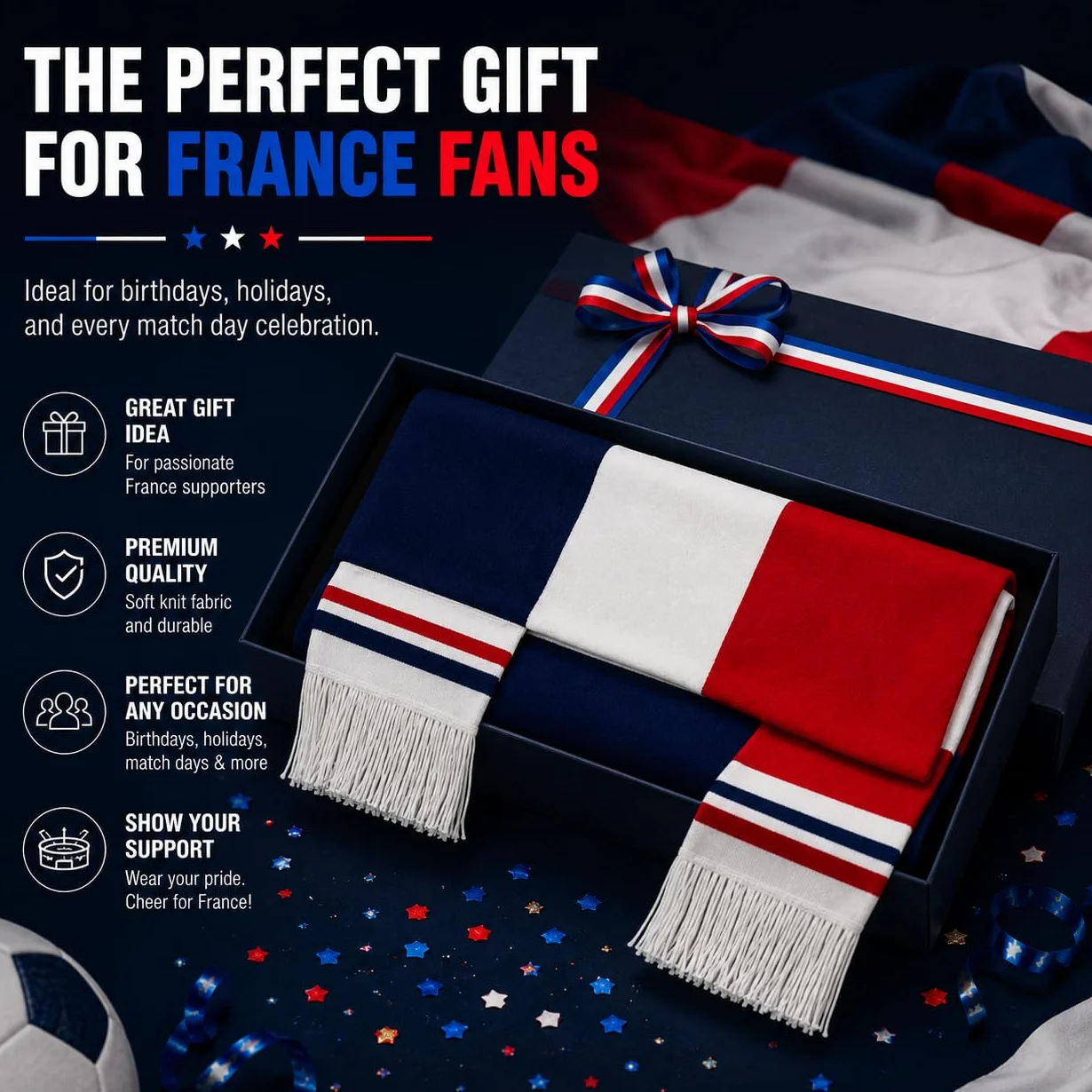 Lot De 1 Écharpe Fan France – Écharpe Tricolore Avec Logo France, Longue Écharpe Tressée Pour Hommes & Femmes, Parfaite Pour Matchs De Foot, Fan Party & Stade