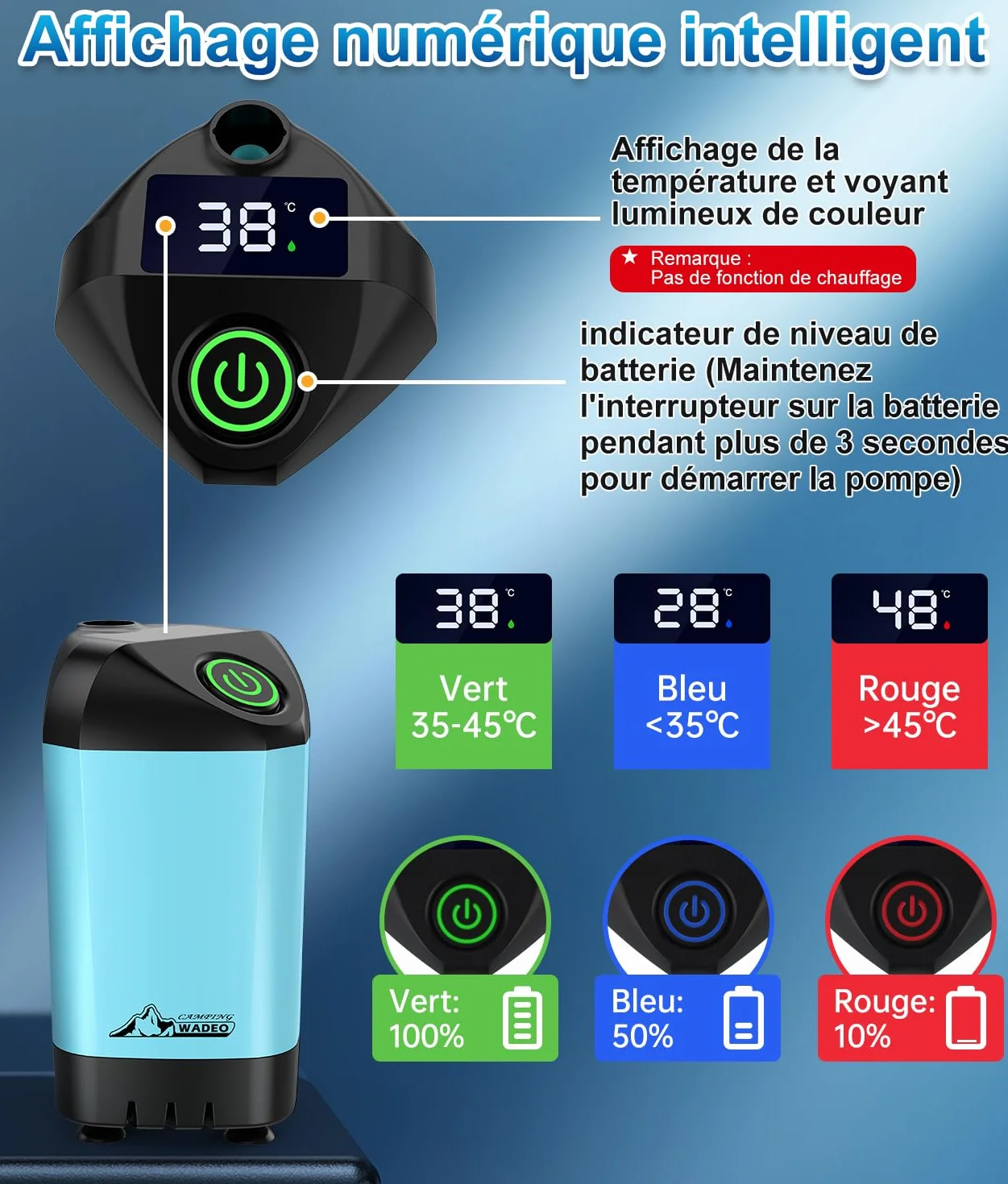 WADEO Kit Douche de Camping, Pompe de Douche Électrique Rechargeable, Pommeau de Douche avec Affichage Intelligent de Température et Pression d'eau Réglable