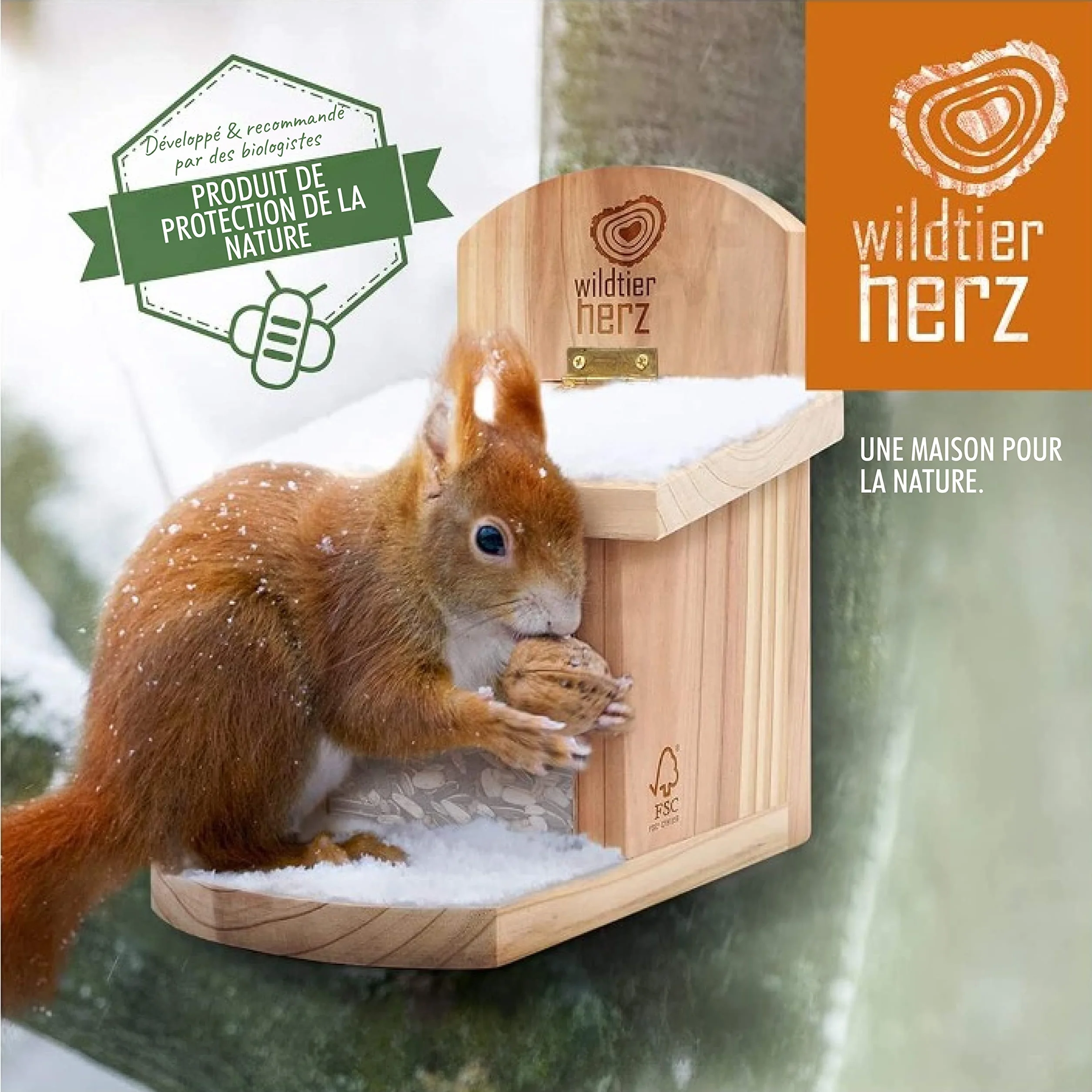 Mangeoire Écureuil en Bois Massif - Distributeur de Nourriture Animaux Imperméable