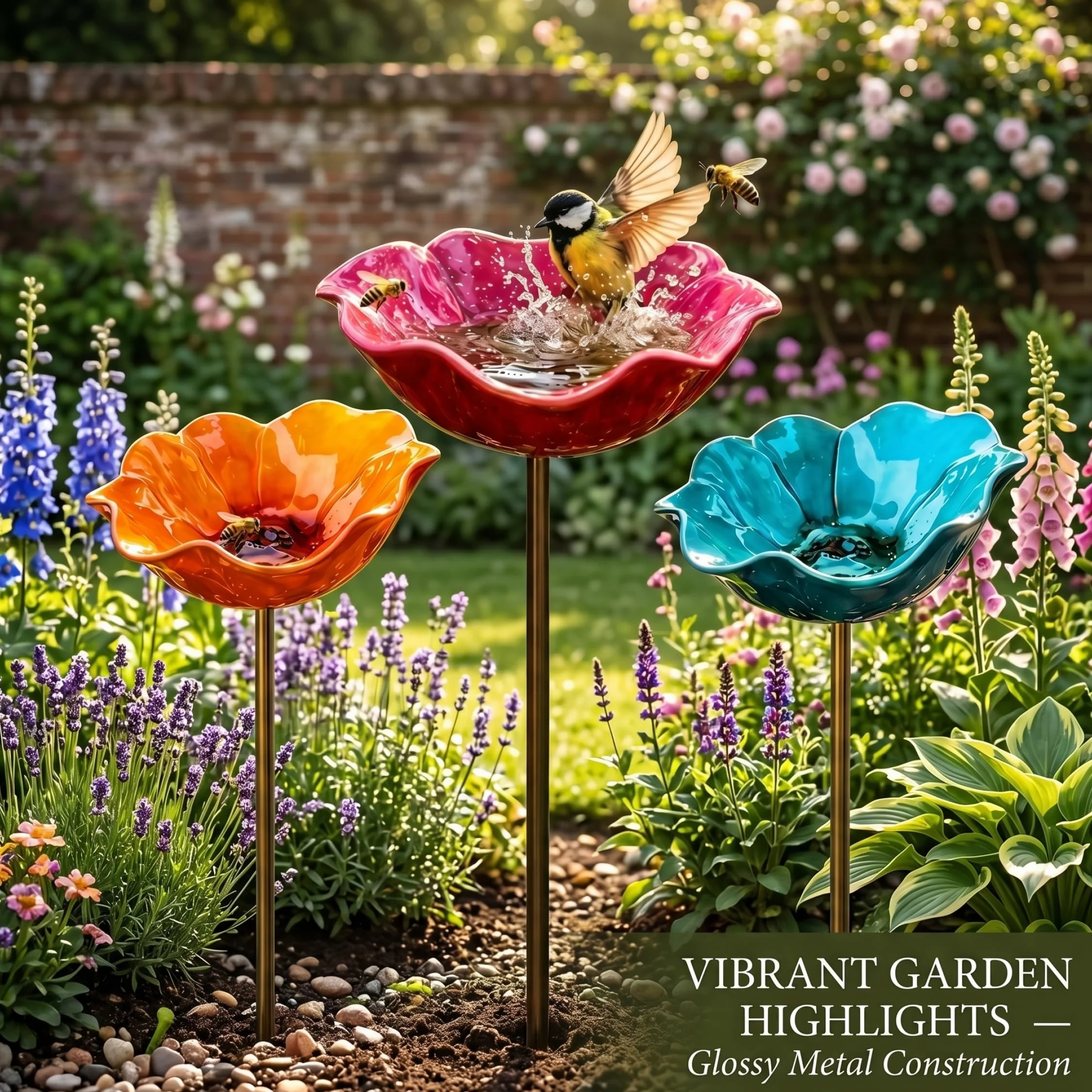 Lot de 3 piquets de Jardin en métal pour Fleurs, Bain d'oiseaux, Multifonctions Extérieur, Bleu, Orange, Rouge