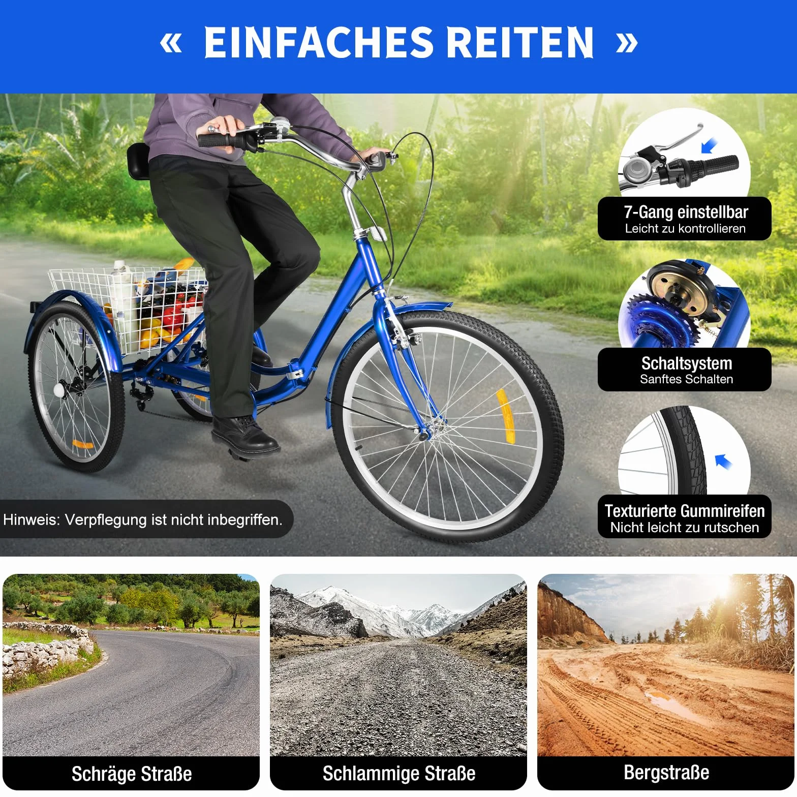 Tricycle pliable pour adulte 24 pouces 7 vitesses - 3 roues - Charge maximale : 120 kg - Vélo de ville - Vélo de trekking - Cruiser - Hauteur réglable - Frein en V - Avec panier de 25 kg - Sonnette
