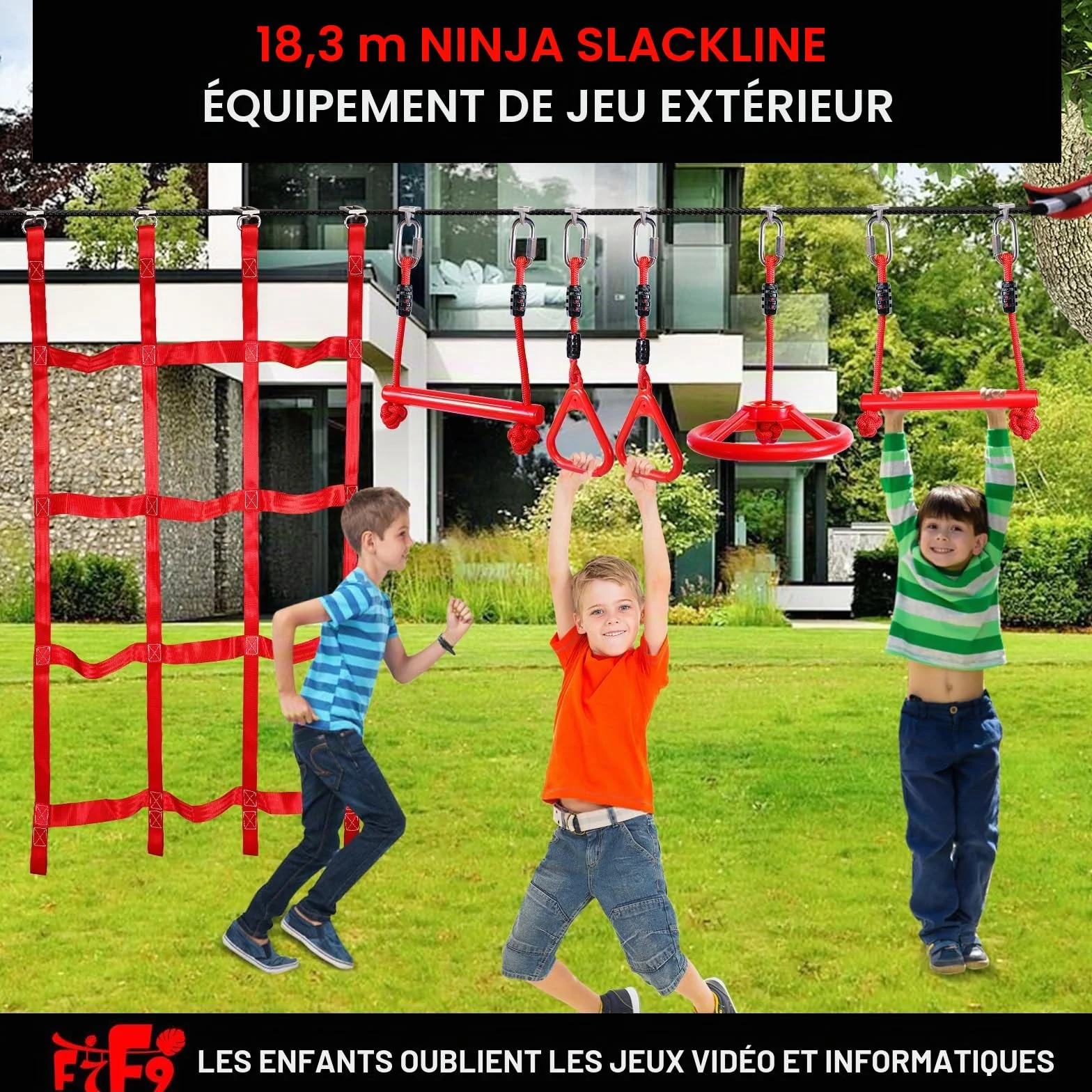 Slackline Kit Parcours Ninja Warrior d'obstacles à Suspendre Mixte, 15 M Complet Obstacle Cours d'escalade pour Enfants Kit