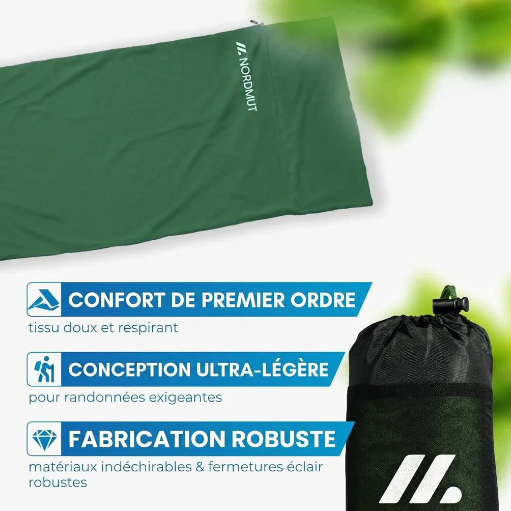 NORDMUT® Sac de couchage cabane [en microfibre] avec fermeture éclair sur toute la longueur | Sac de couchage de voyage d'été [220 x 90 cm] Petit format replié & particulièrement doux