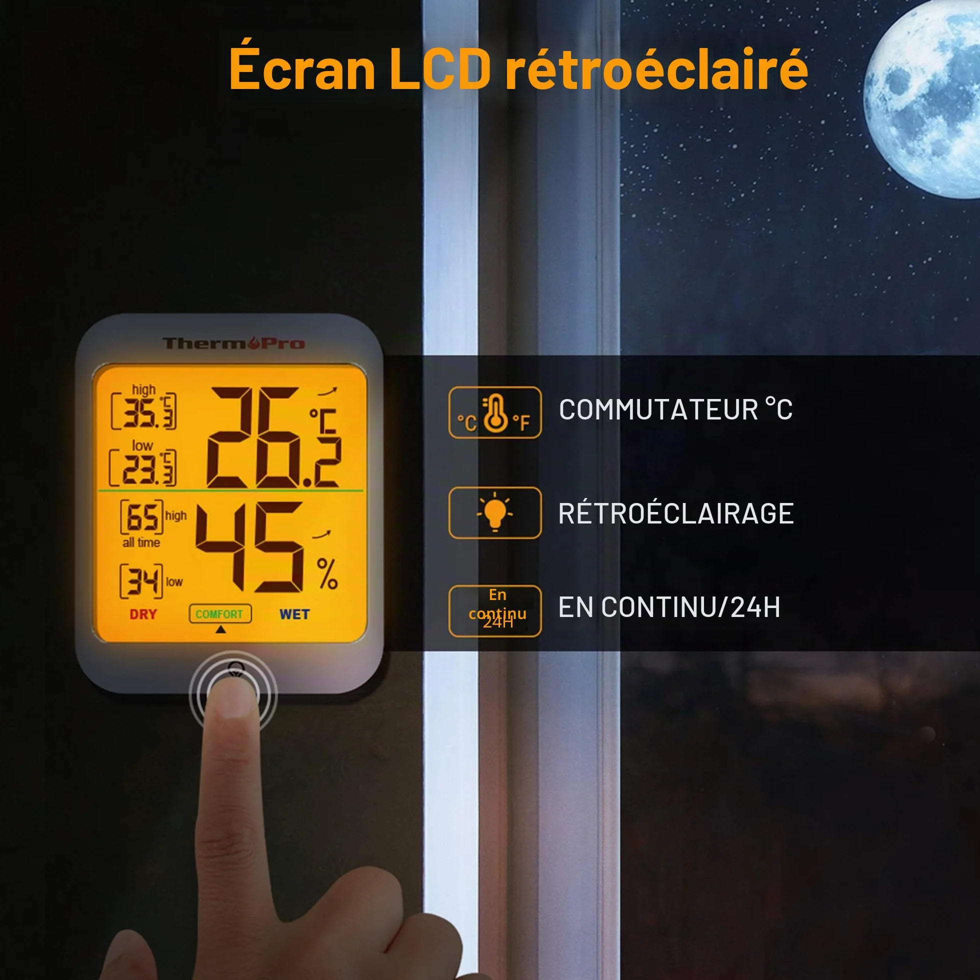ThermoPro TP53 Thermomètre Intérieur Hygromètre avec Rétroéclairage Grand Écran