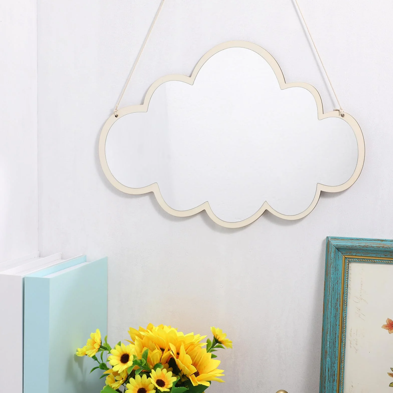 Miroir Décoratif en Bois Naturel Nuage, Miroir Autocollant sans Perçage, Film Protecteur pour Chambre Enfant