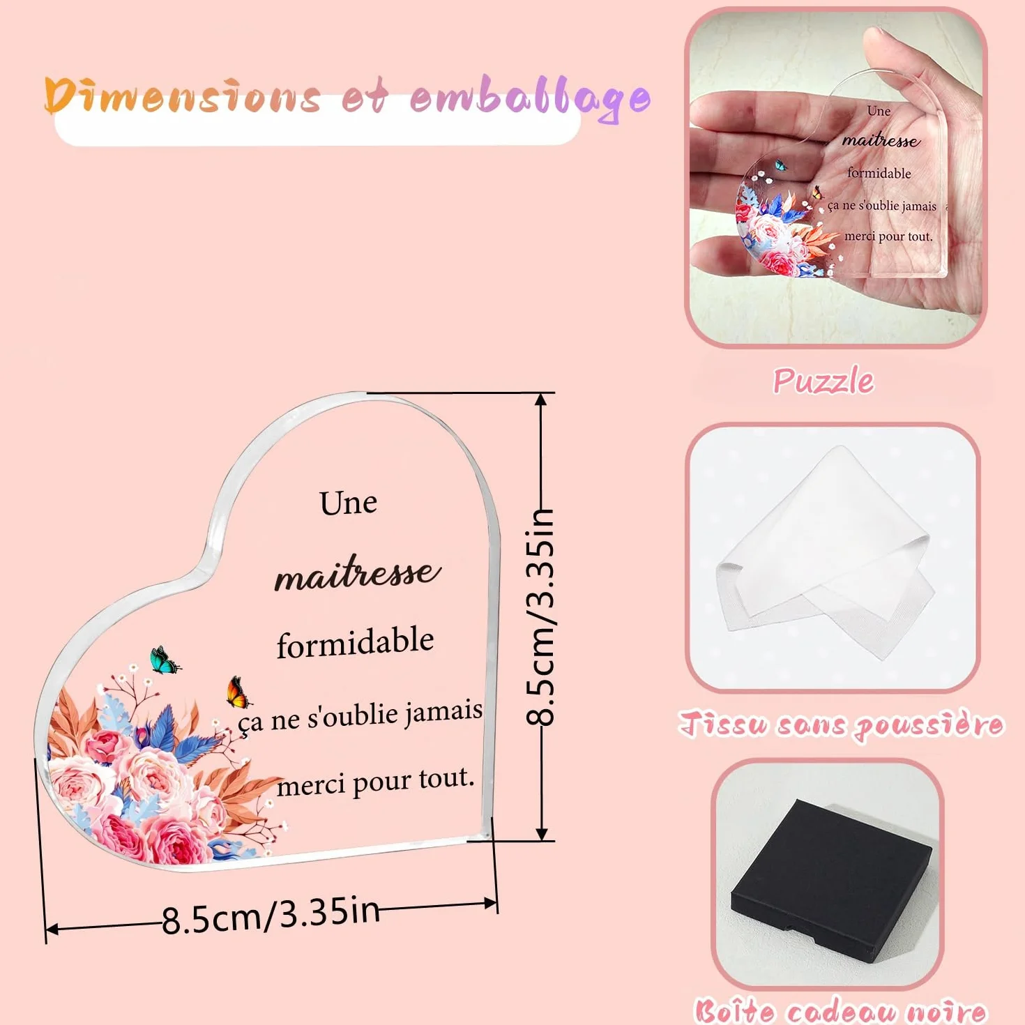 Cadeau Maitresse d'école Forme de Coeur Acrylique Ornements Merci Maitresse