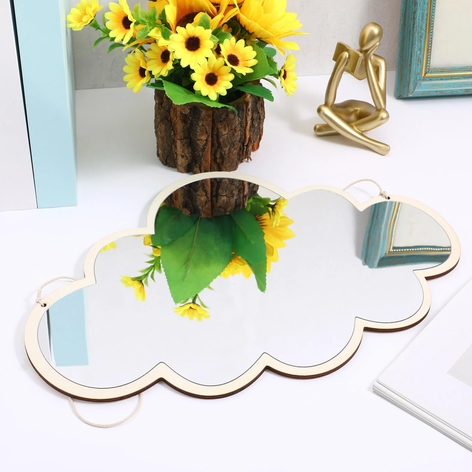 Miroir Décoratif en Bois Naturel Nuage, Miroir Autocollant sans Perçage, Film Protecteur pour Chambre Enfant