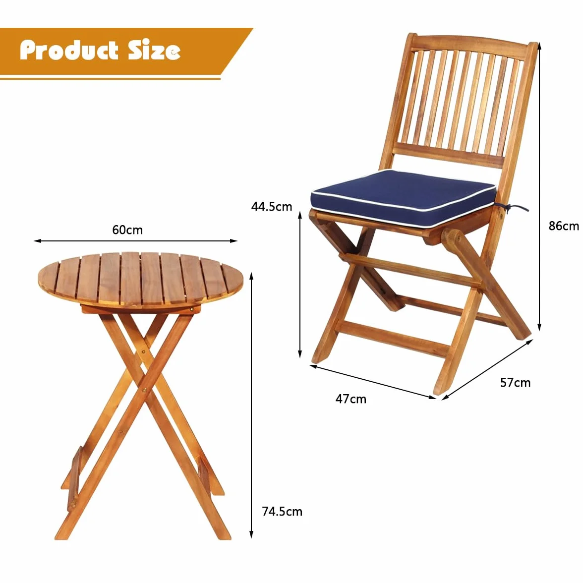 GOPLUS Salon de Jardin 2 Personnes Table Bistrot en Bois Acacia avec 2 Chaises et Coussins Amovibles 3PCS Pliante Terrasse (Bleu)