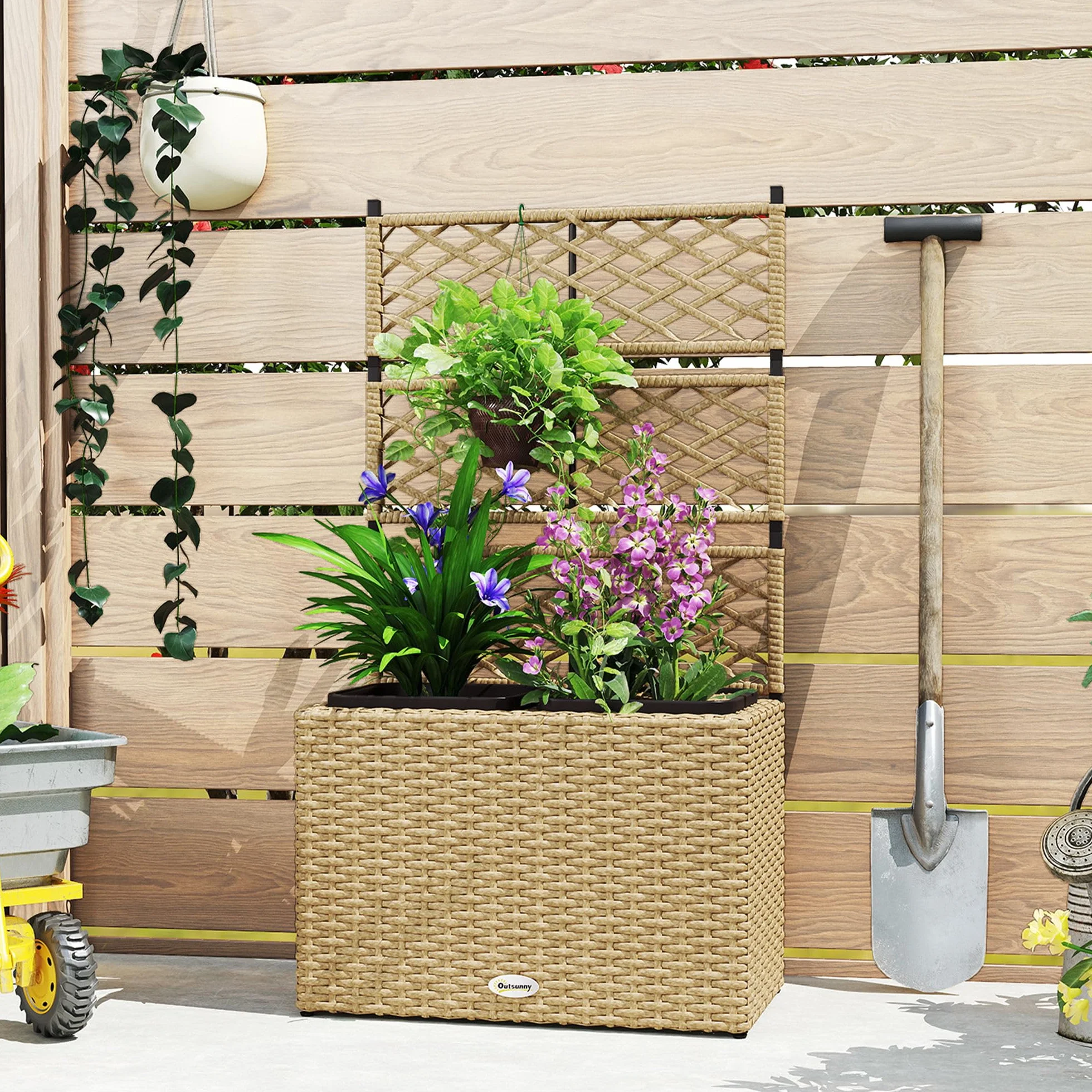 Outsunny Jardinière pour Plantes avec Treillis 2 Pots, 22L, Résine Tressée et Acier, 57 x 30 x 107 cm, Sable