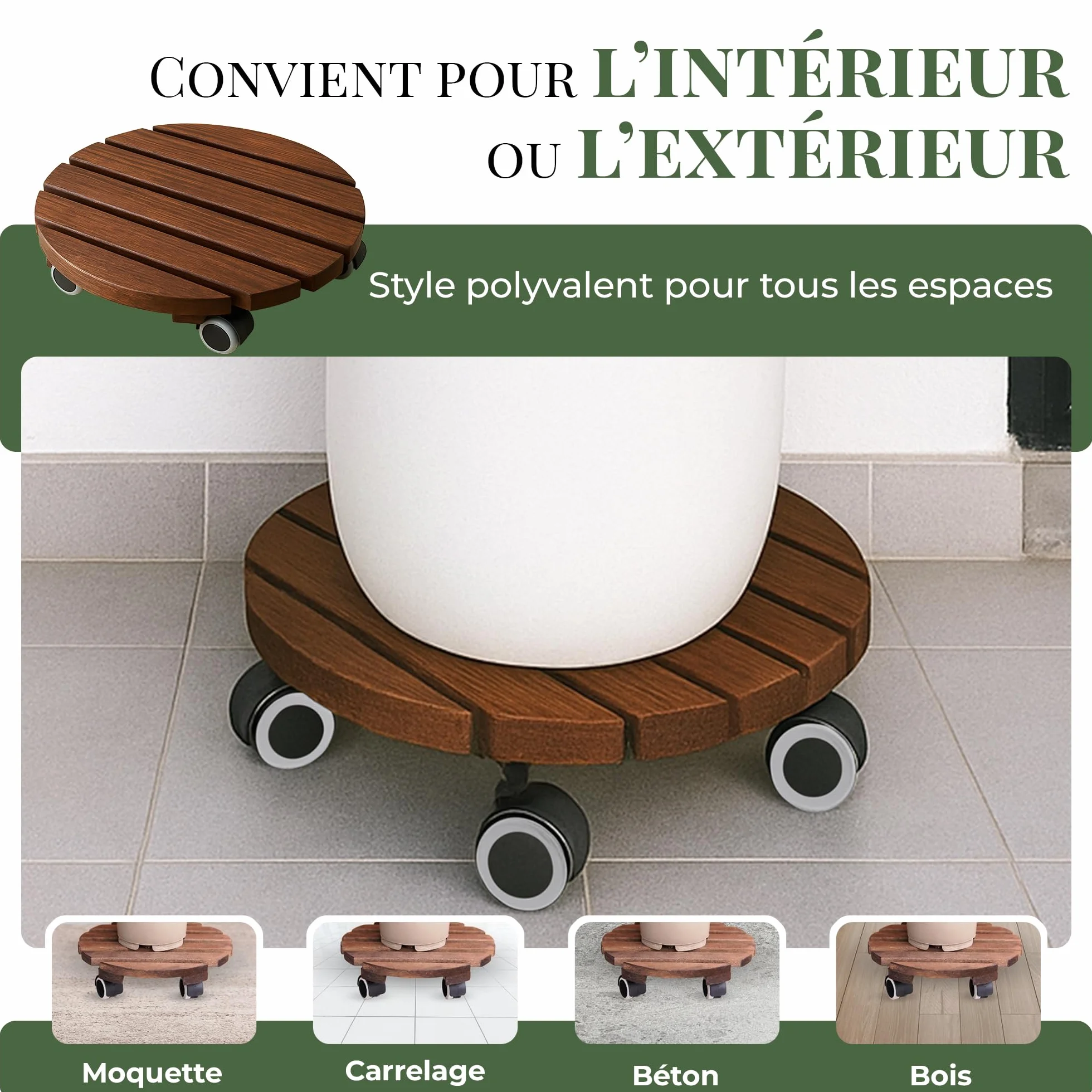 Porte Plante à Roulettes Ø 30 cm Lames Bois d'Aulne FSC 15,5 mm Roues 360° avec Frein Chariot Robuste 100 kg