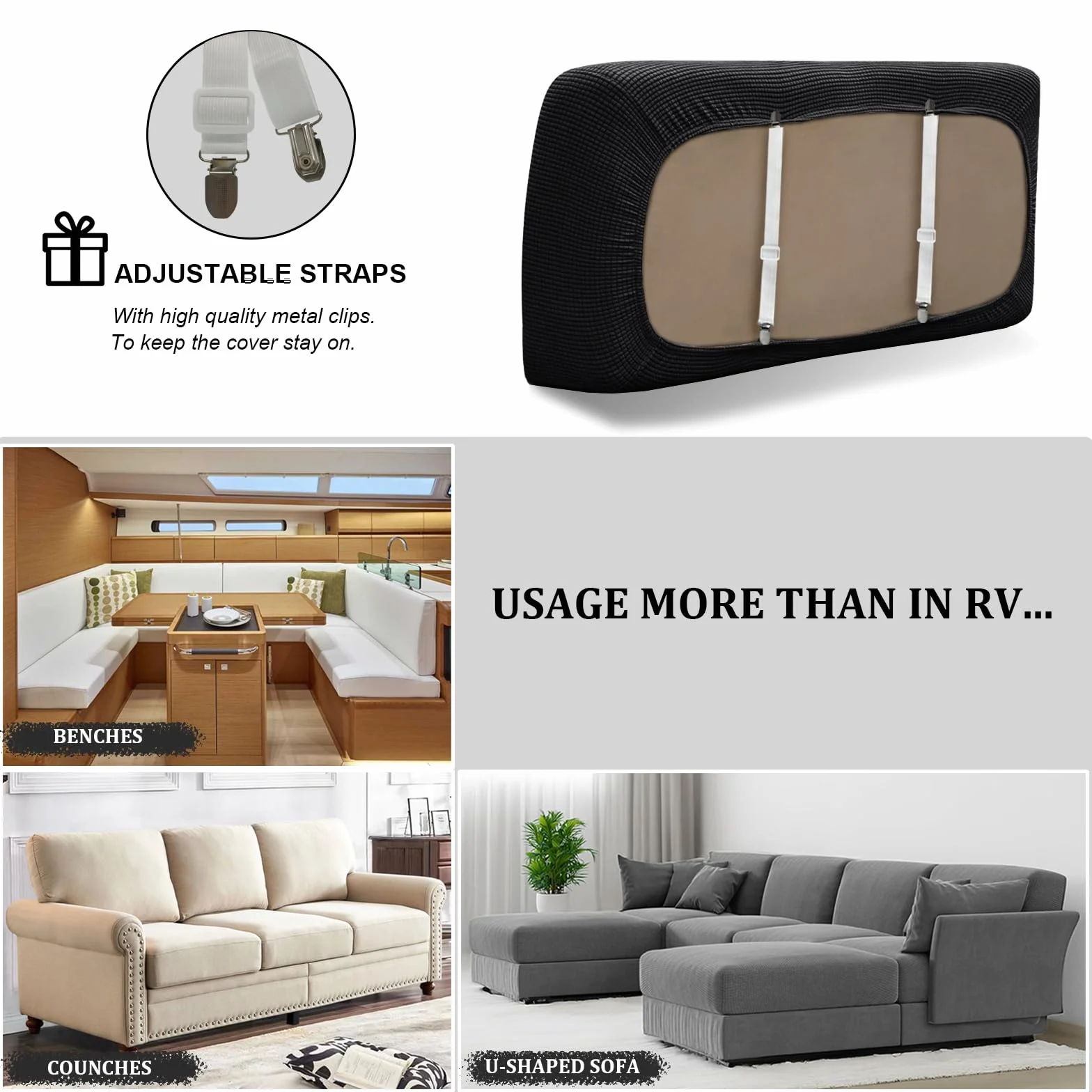 SYLC Housse De Coussin De Siège De Caravane Jacquard Banquette Camping Car 2 Courroies Canapé Extensible Noir 90-130 60-90 cm