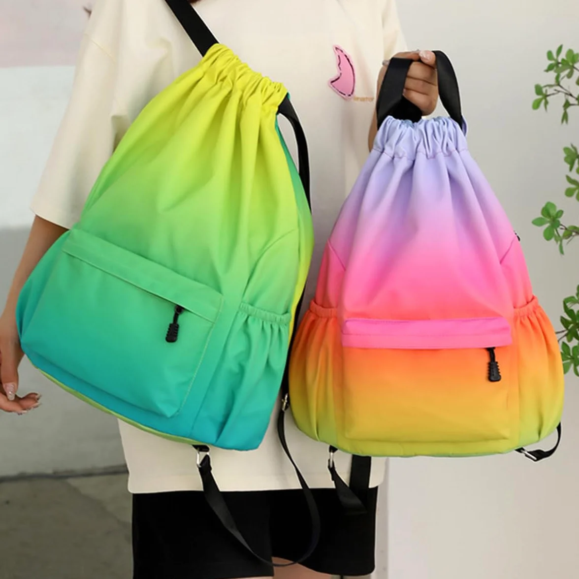 Sac de Sport à Cordon, Sac à Dos à Cordon pour Femme Homme, Sac de Gym avec Poche Zippée, Sac de Rangement pour Sport Voyage Yoga