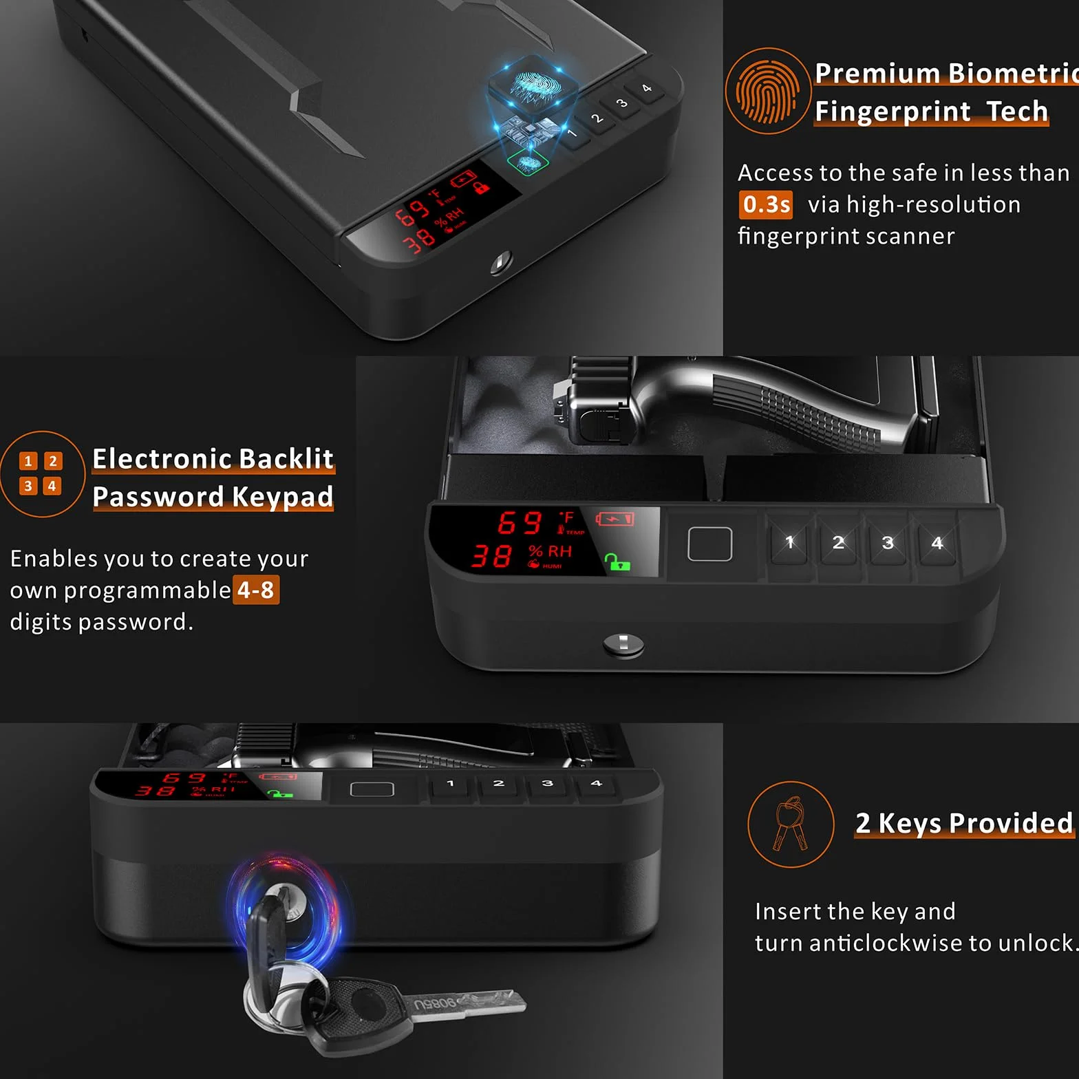 Z ZLJUAN Coffre-fort portable pour pistolet avec écran LCD de la température, de l'humidité, avec empreintes digitales biométriques, serrure à clavier, clé, arme de poing biométrique pour voyage