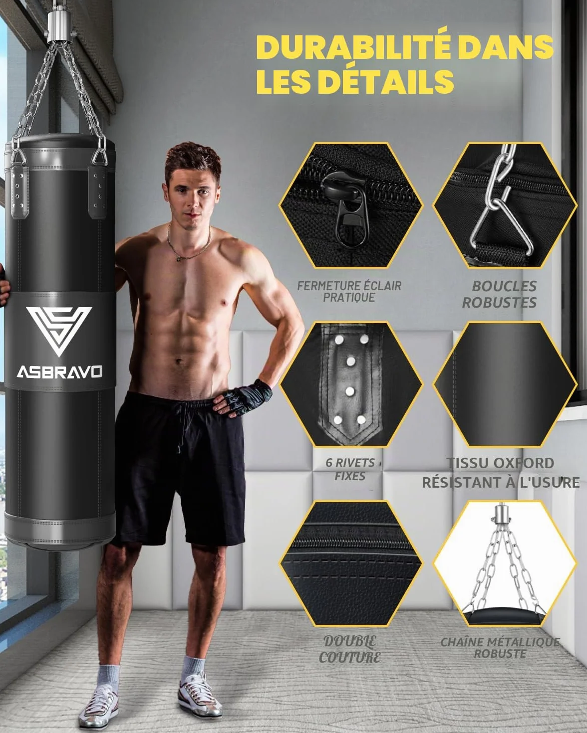 Sac de frappe pour adultes, 1,2 m Oxford lourd sac de boxe ensemble gants 340,2 g pour MMA, Muay Thai, kickboxing, entraînement à domicile, arts martiaux (non rempli)