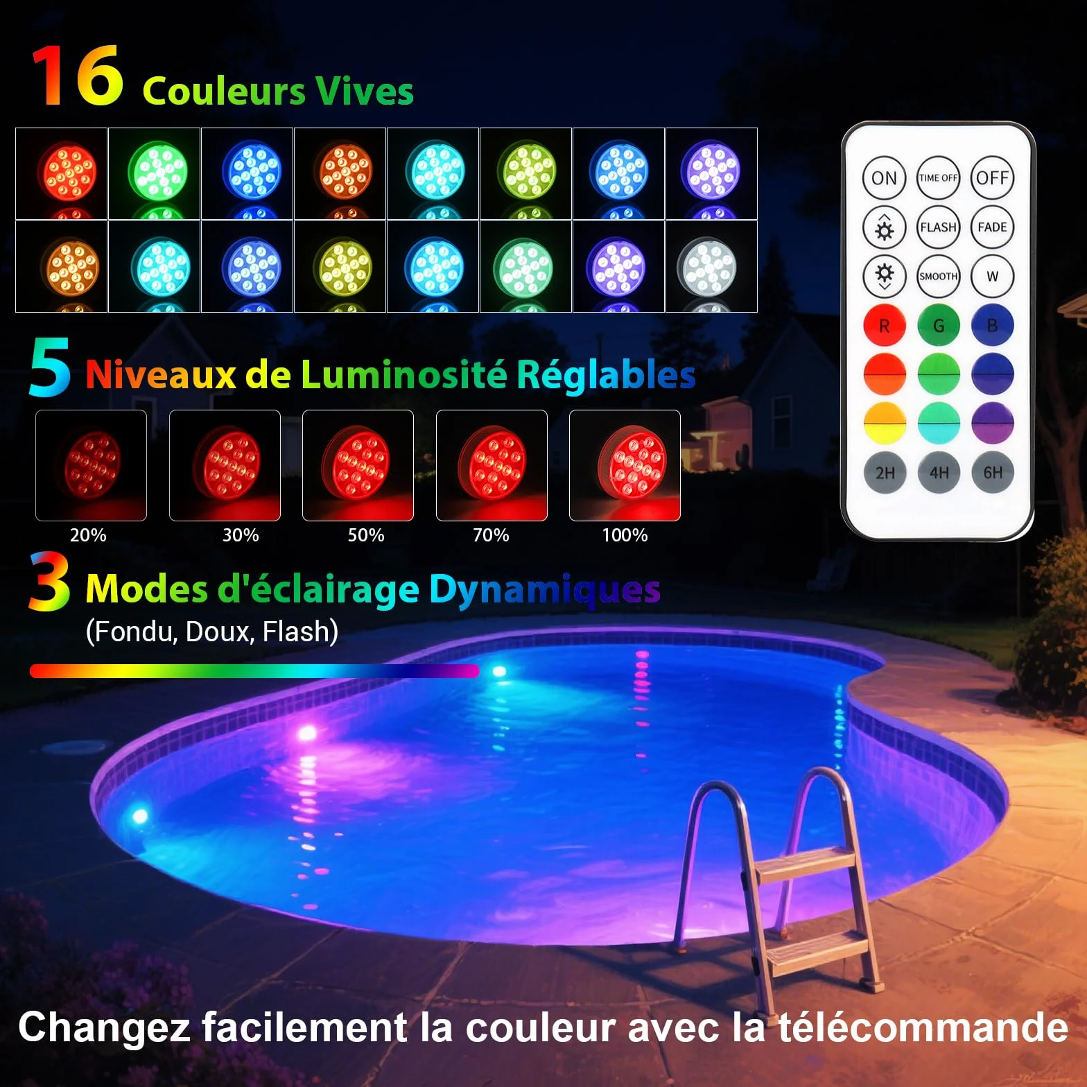 Lumiere Piscine LED Submersible avec Télécommande IP68 Étanche Lumières Sous-marines 4 Pièce