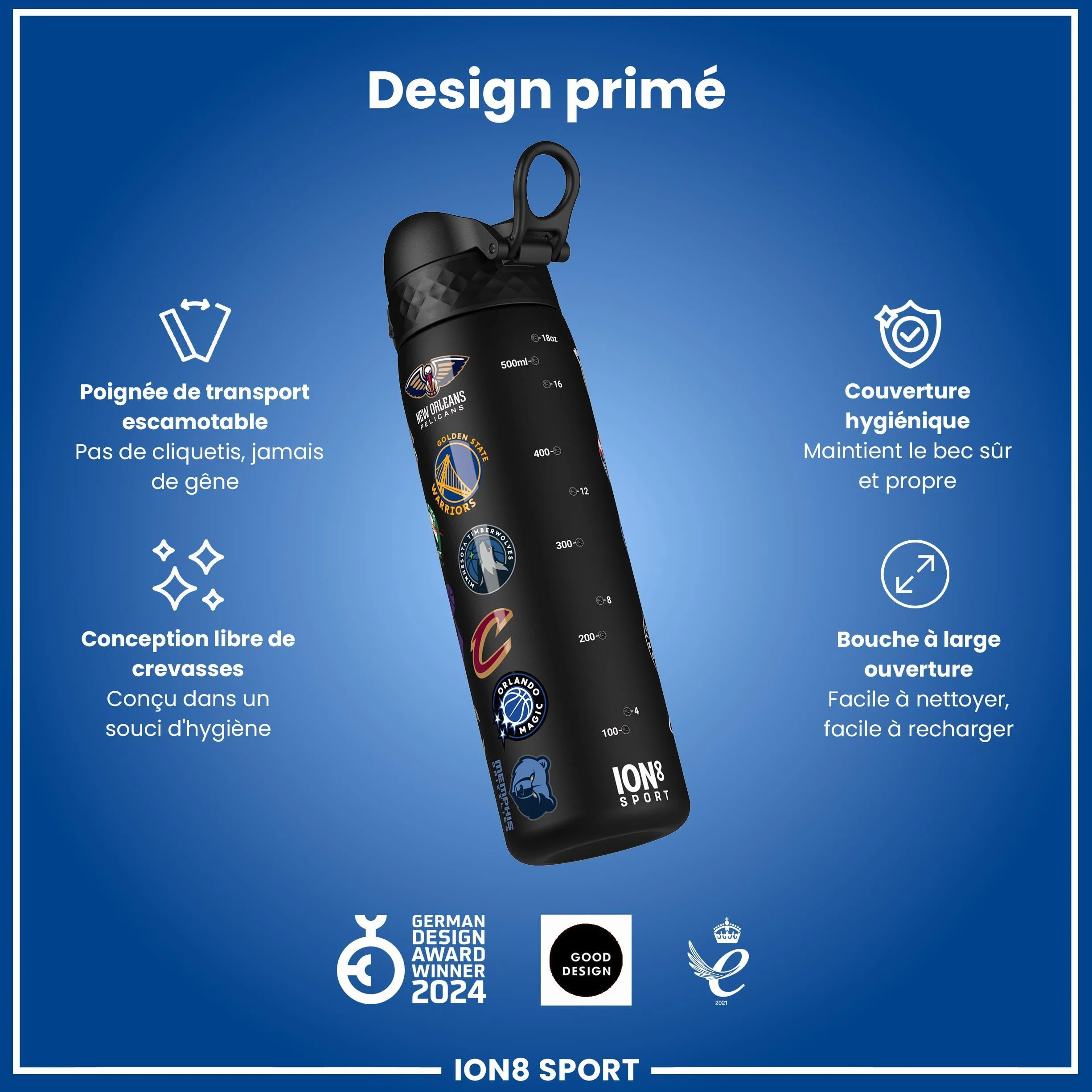 Ion8 NBA Équipes Multiples Gourde, 500ml, Anti-Fuite, Facile à Ouvrir, Verrouillage Sécurisé, Lavable en Lave-vaisselle, Sans BPA, Poignée de Transport, S'adapte aux Porte-gobelets, Facile à Nettoyer
