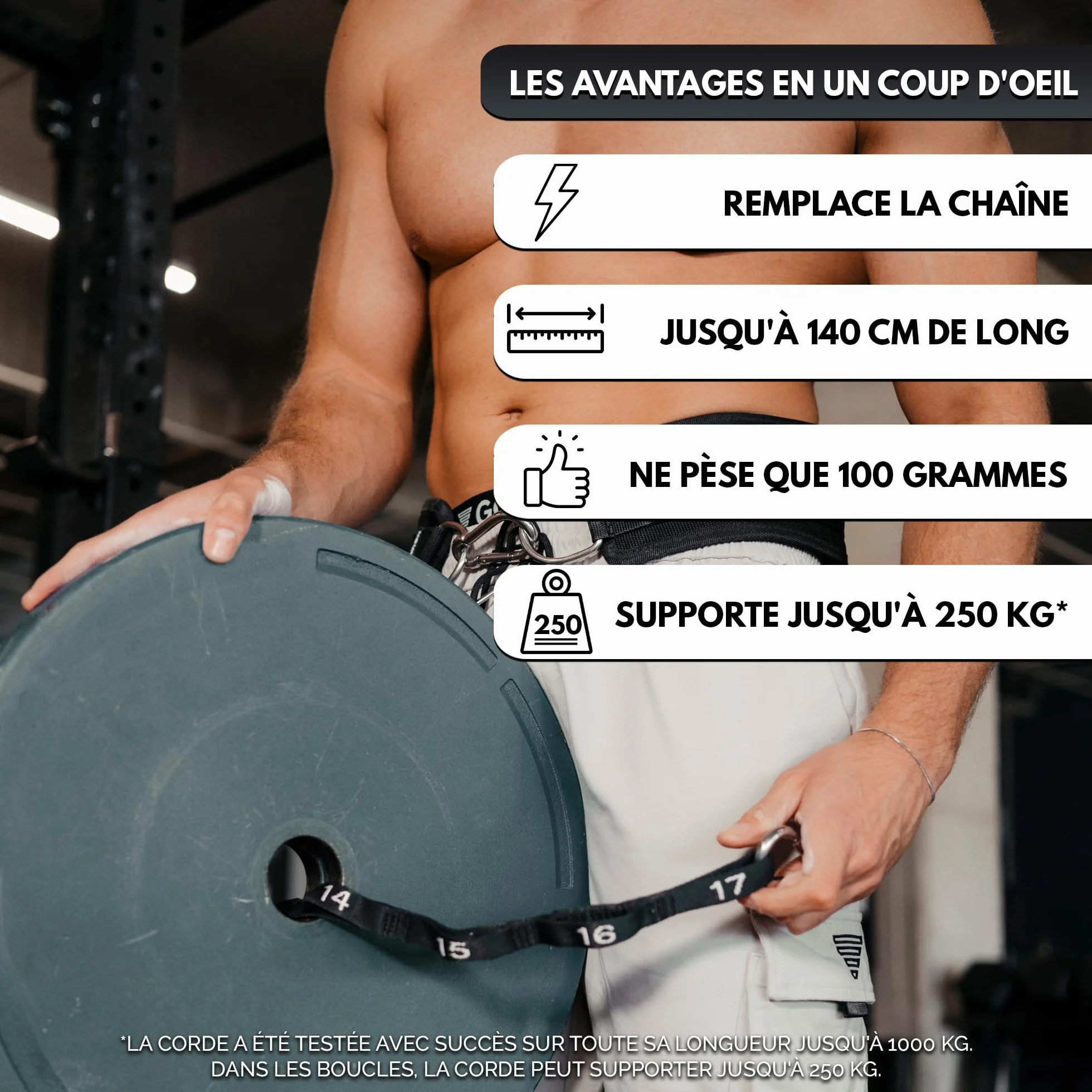 GORNATION Corde Sangle Ceinture Lestée Street Lifting Musculation 1000kg