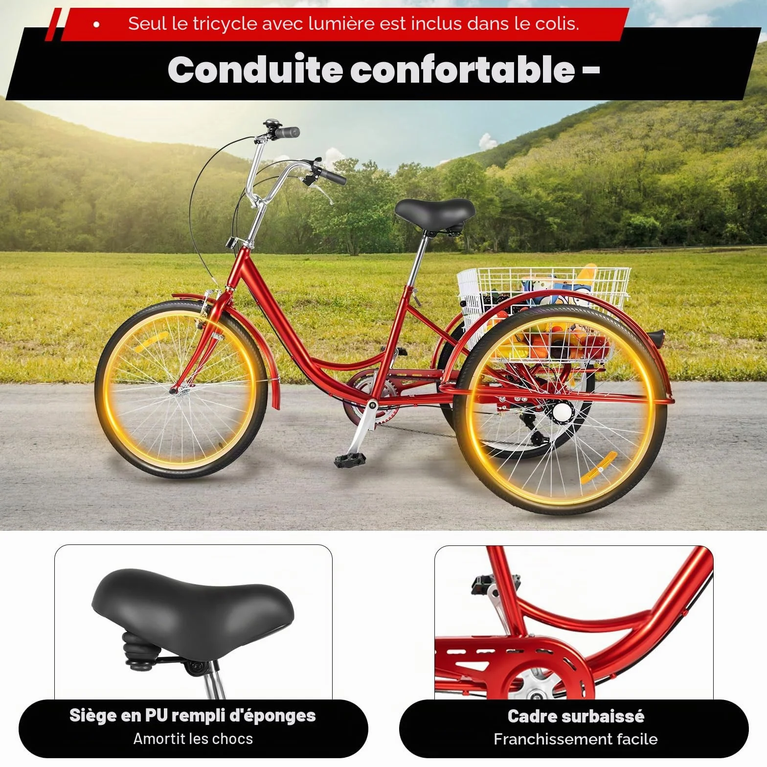 Tricycle 24 pouces 6 vitesses pour adultes avec lumière et panier à provisions, vélo cruiser à 3 roues, vélo de courses, tricycle adulte, siège réglable pour adultes, personnes âgées, sports de plein