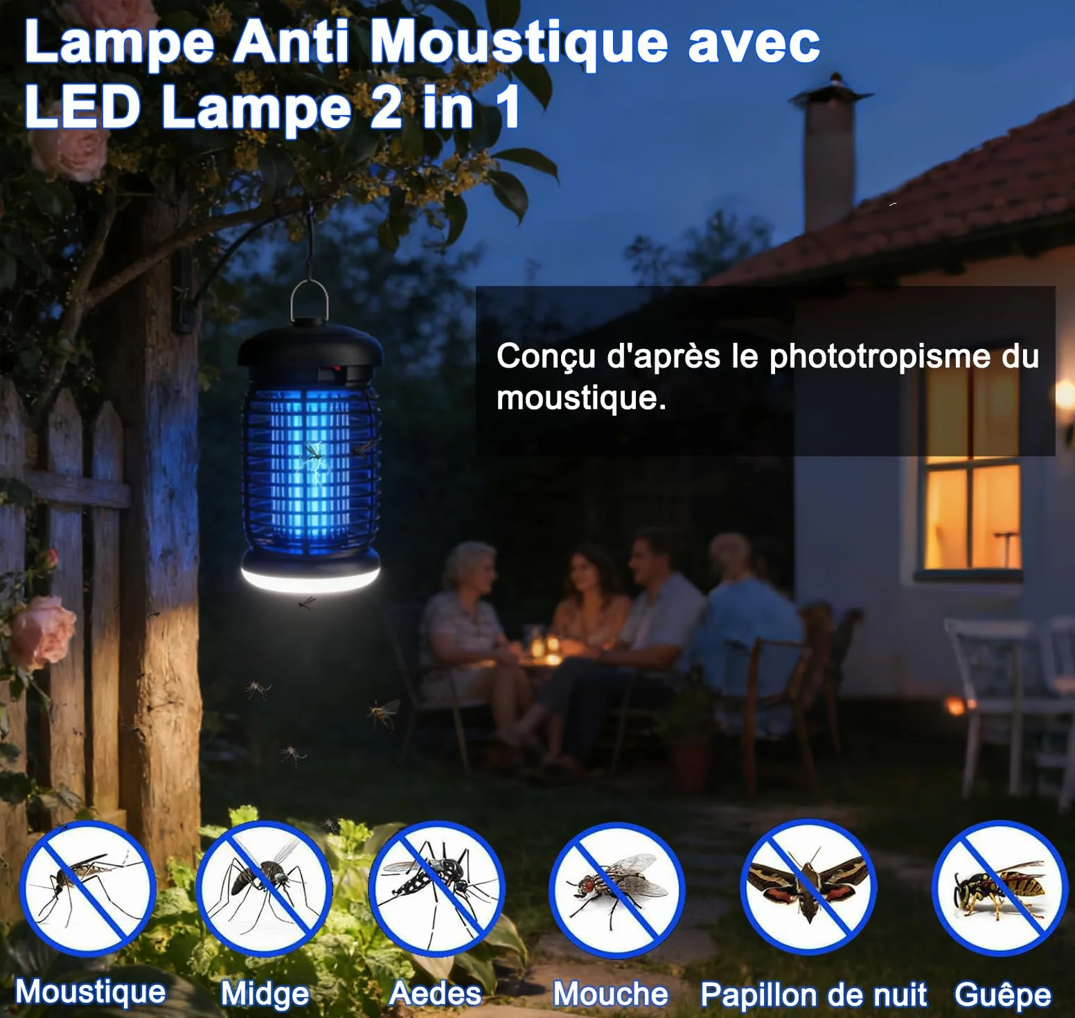 Lampe Anti Moustique LED 4200V 15W UV Tueur d'Insectes Électrique IPX4 80-100m²