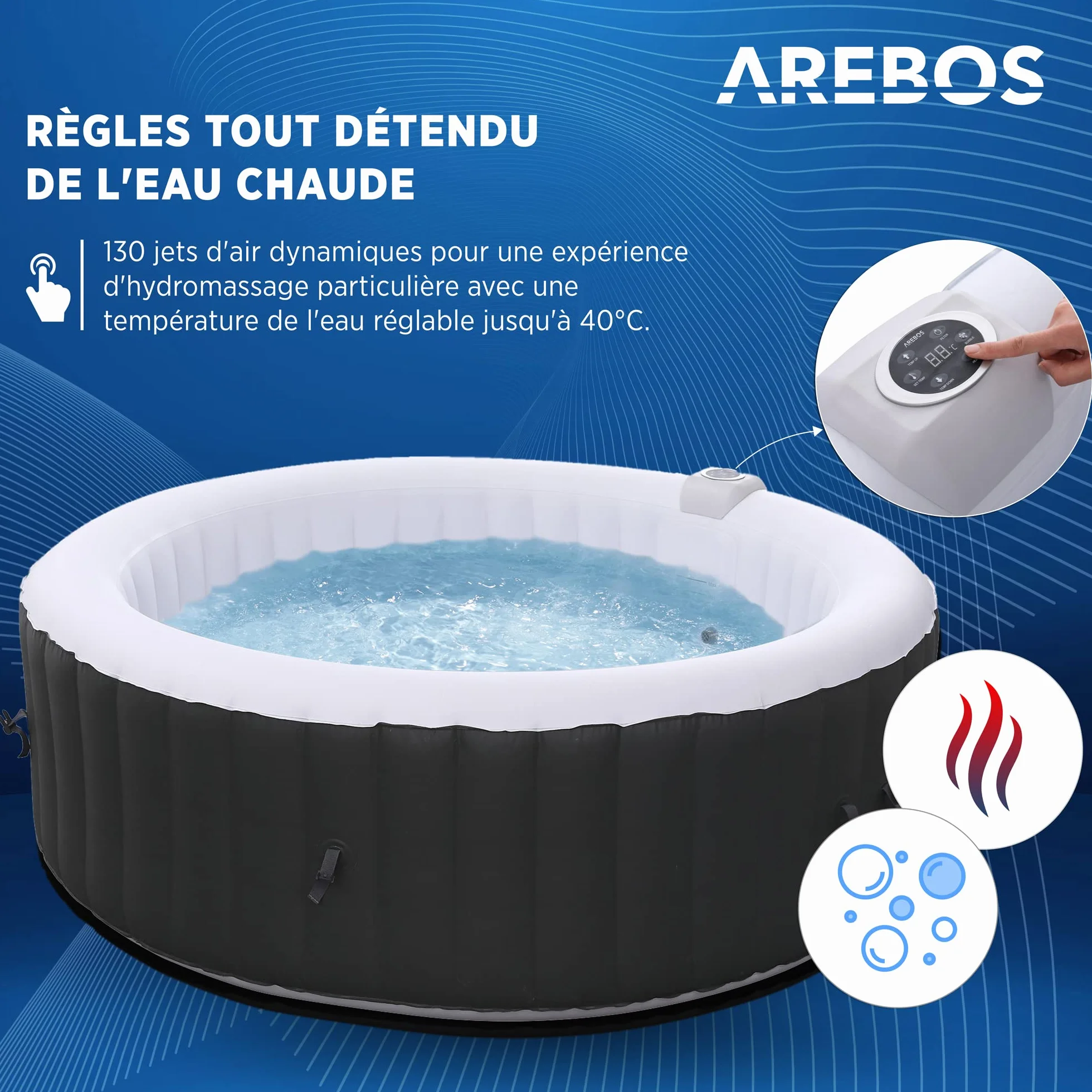 Arebos Spa Gonflable 6 Personnes ⌀ 208 cm Rond 130 Jets Massage 1000 litres Chauffage