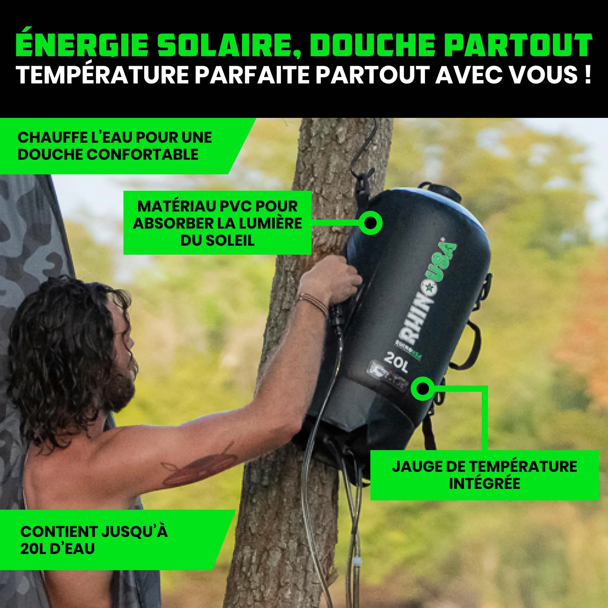 Rhino USA Douche solaire portable de 20 L - Indispensable pour le camping, les festivals, les voyages à la plage, la douche en plein air et plus encore