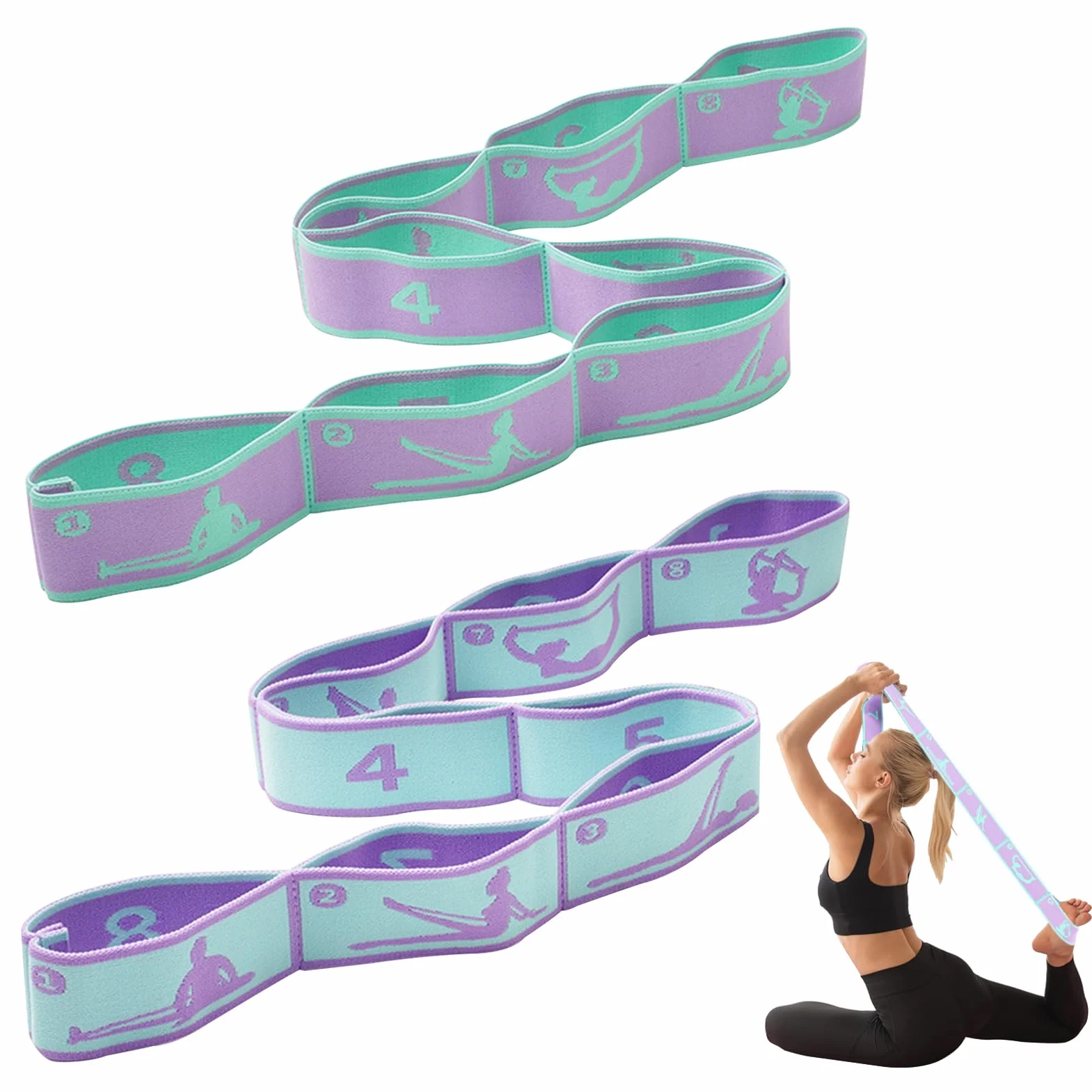 Lot de 2 Bandes de résistance à 8 Boucles, Sangle de Yoga, pour des étirements et Un entraînement de Yoga efficaces, Bande de Fitness, Bande d'étirement et Bande d'exercice en Un, idéales pour Les
